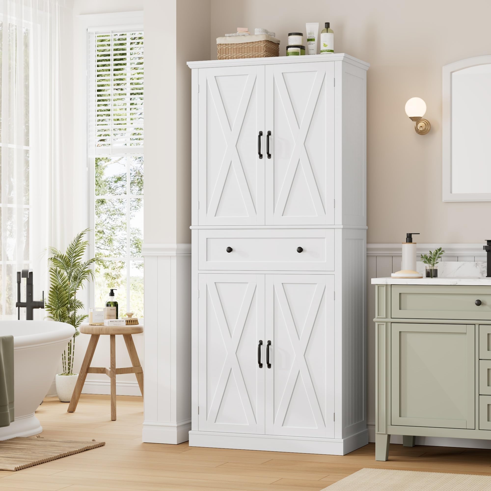 FirFurd Credenza Cucina Alta,Dispensa Cucina con 4 Ante e 1 Cassetti Bianco | Mobile Cucina Dispensa,Antiribaltamento Incluso,Design salvaspazio,Ingombro Ridotto,per Cucina, Soggiorno,78x40x181.5cm