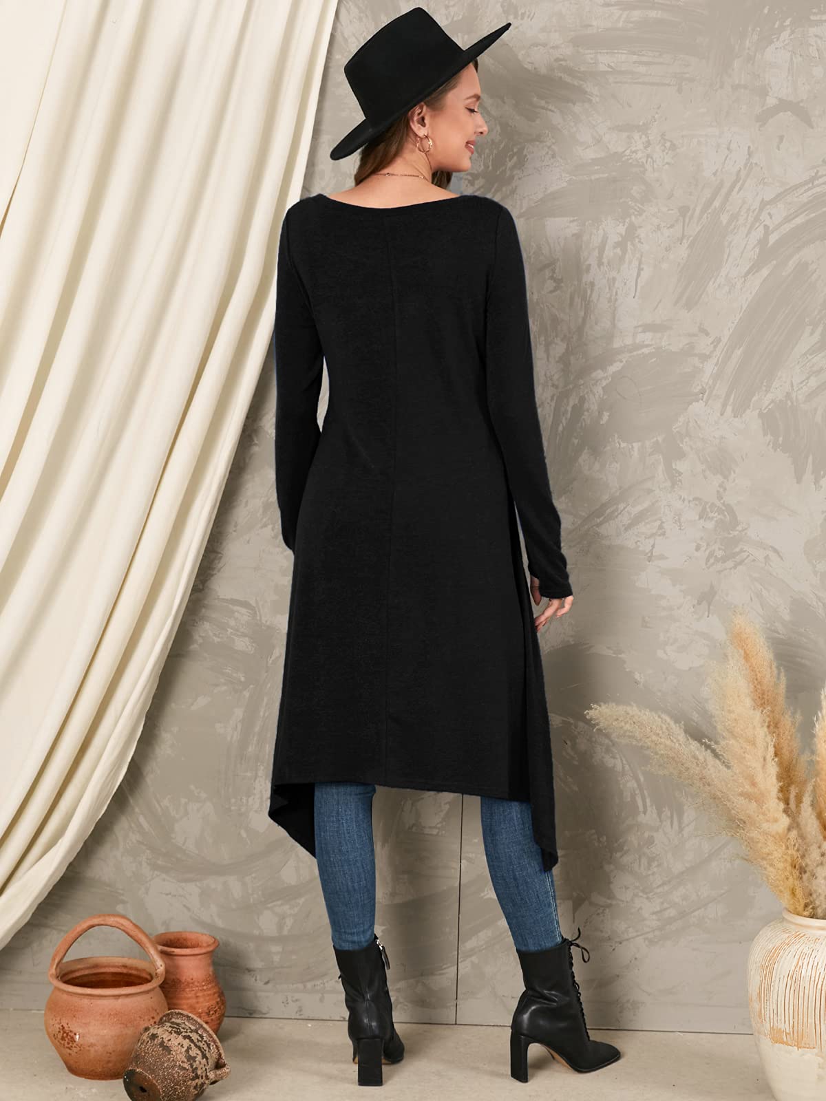 Zanzea Robe Pull en Maille Fine Oversize Femme Hiver Tunique Longue Grande Taille Robe Sweat Asymetrique, Noir, L