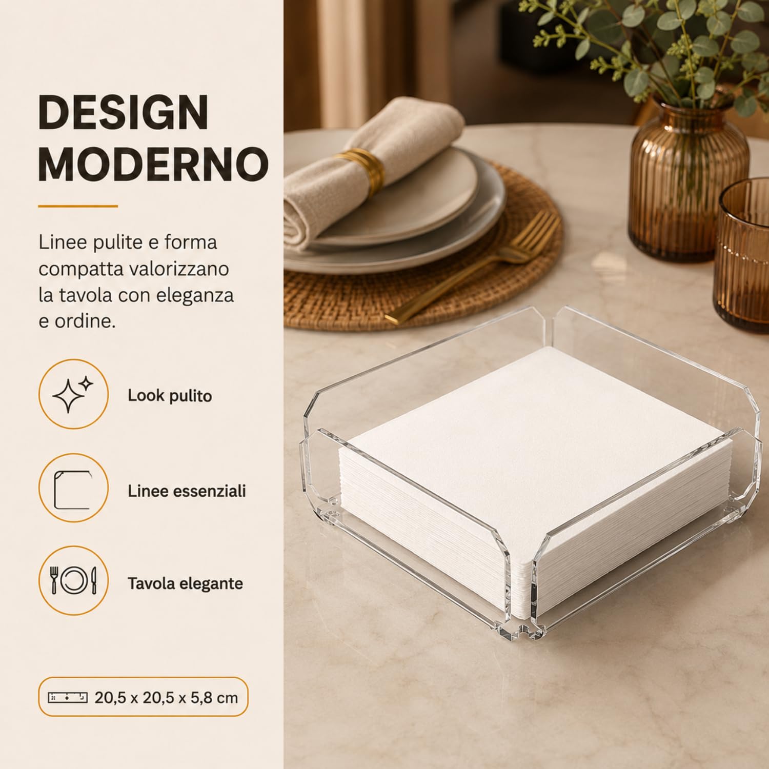 Agplex Portatovaglioli in vetro acrilico trasparente 20,5x 20,5 x5,8 cm, Porta tovaglioli da tavola design moderno - Made in Italy