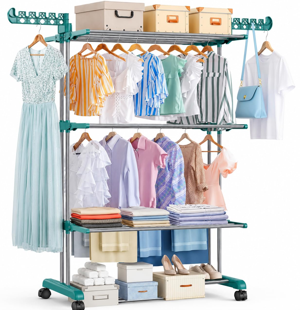 Lexi 4 Tier Clothes Horse Drying Rack, Foldable Laundry Airer with Wheels, 18m Drying Space, Heavy Duty Indoor Outdoor Clothes Dryer Rack, Space Saving Clothes Airer