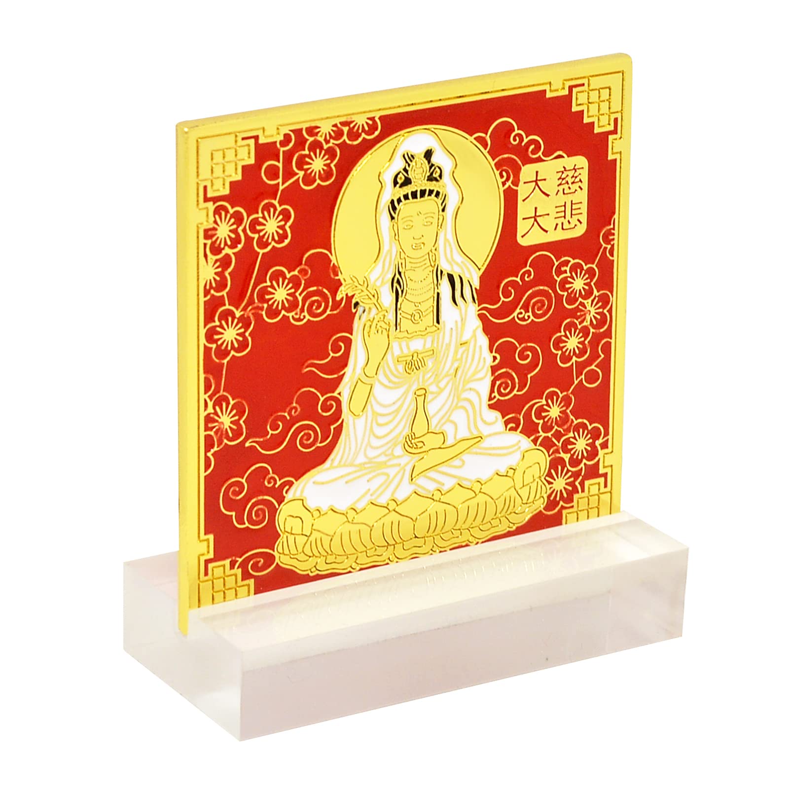 juanxian FengShui Kuan Yin Pouring Water of Life Plaque w Stand W5020, Gold/Red, 3.15 x 0.39 x 3.15 inch - Image 2