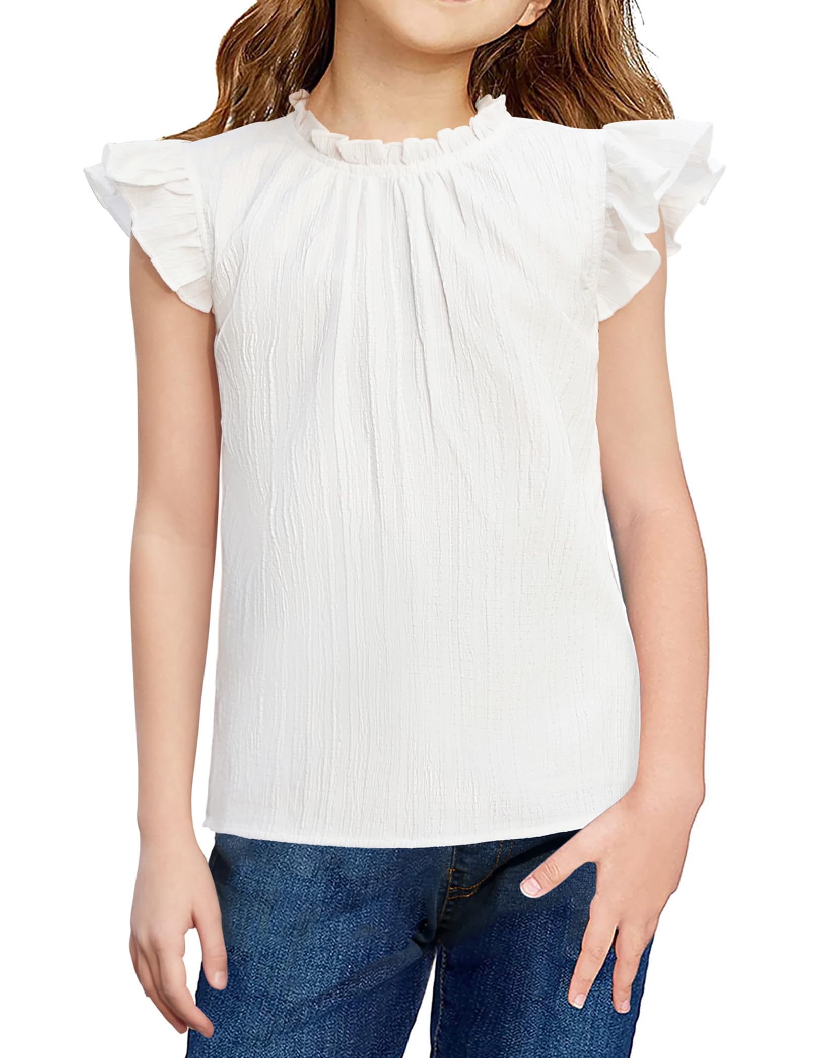 Mädchen T-Shirt Sommer Top Kinder Ärmellos Oberteile A-Linie Bluse Locker Elegant Rüschen Ausschnitt Tshirts Casual Shirt Mode Kinderkleidung 5-12 Jahre