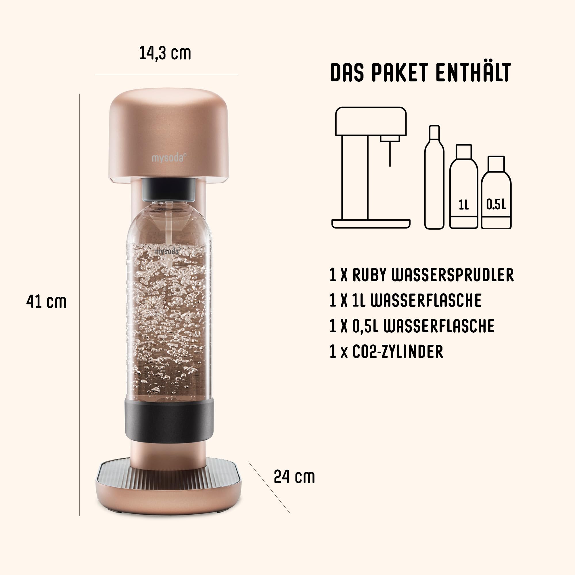 Mysoda: Ruby Set – Aireador de aluminio con 1 L y 0,5 L Quick-Lock, botella de plástico sin BPA y cilindro de CO2 – cobre