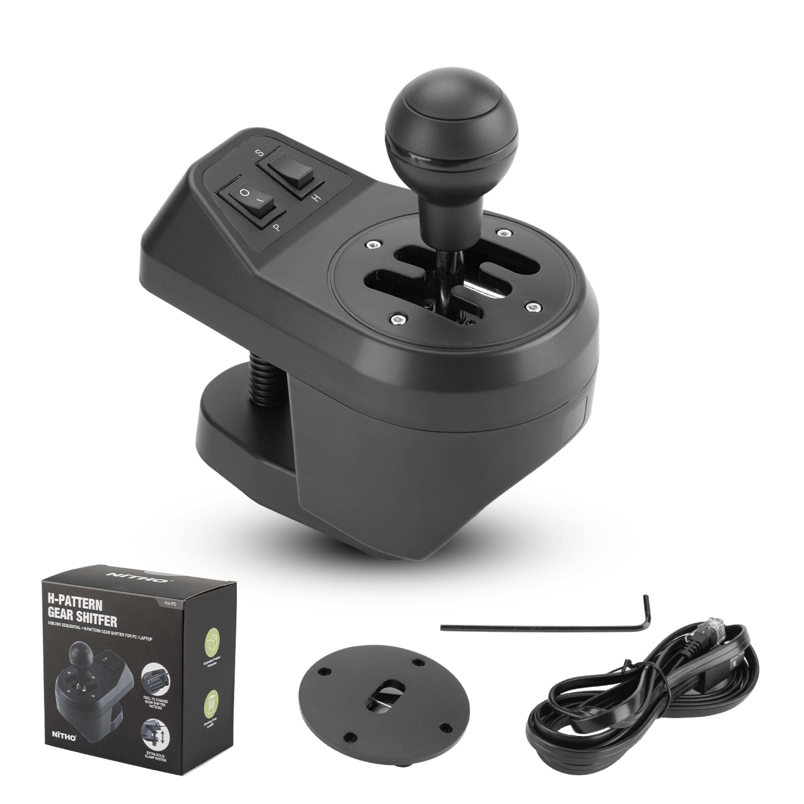 NITHO Palanca de Cambios USB para PC Sim Racing, Caja de Cambio Manual de 6 Velocidades con Marcha Atrás, Placas Intercambiables H-Pattern y Secuencial, Shifter para Volante para Windows PC