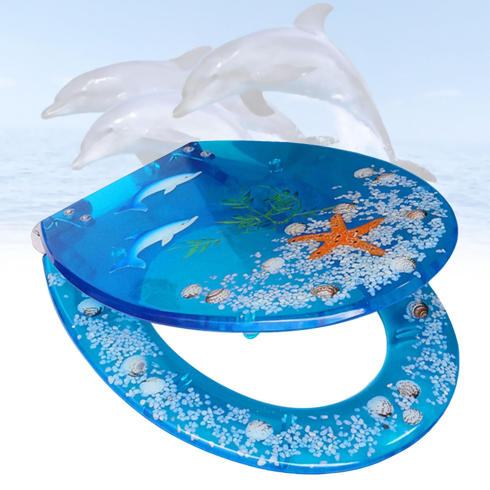 Bleu Siège de Toilette, Lunettes WC avec Couvercle en Coquillage Transparent, siège en résine Ocean Series, Facile à Nettoyer et à Installer, Étoiles en Coquillage Bleu Clair