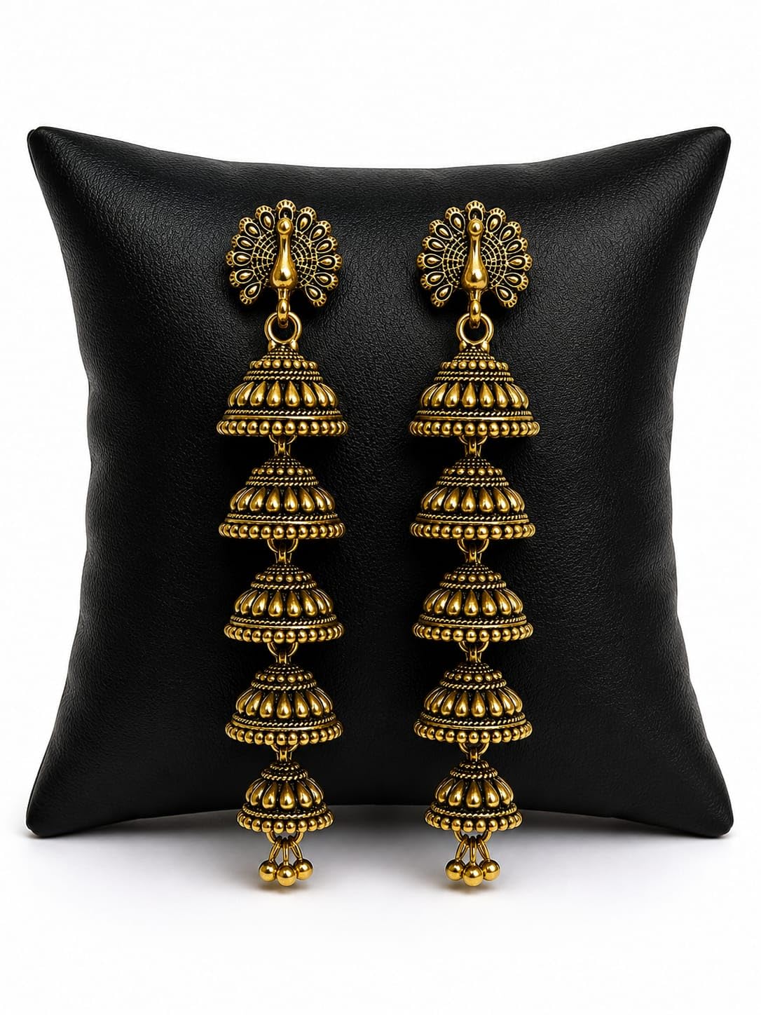Antique Gold-Tone Peacock Long Jhumka Earrings for Women & Girls | Tiered Traditional Dangler Earrings for Wedding, Party-image-5