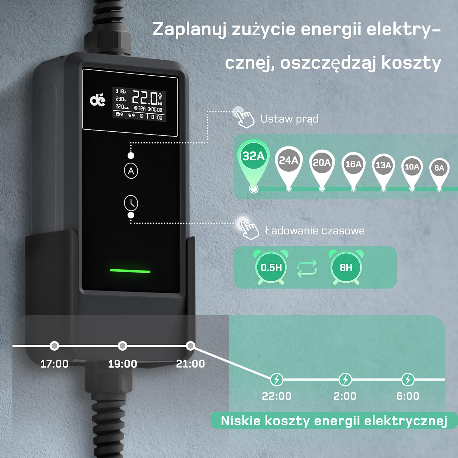 dé Ładowarka Mobilna 22kW, z Aplikacją [3-Fazowa, 15m, 6-32A] z Licznikiem Prądu, Kablem do Ładowania CEE 32A na Typu 2 i Ładowarką EV do modeli Y, E-208, 500e i innych EV/PHEV