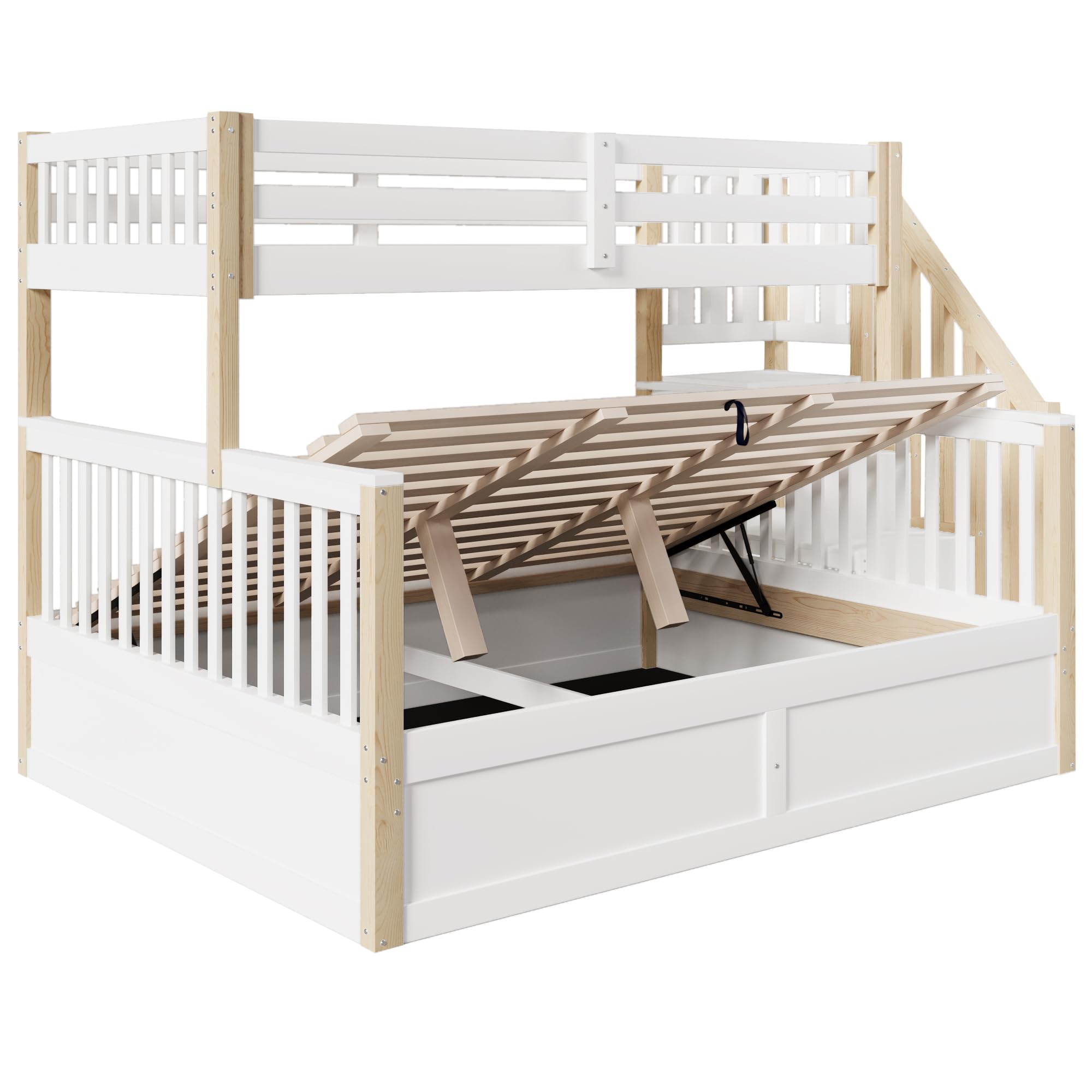 Soweiz Letto a castello, 90 x 200 cm+140 x 200 cm, culla per due bambini, idraulica, scala di stoccaggio, senza materasso (bianco + naturale)