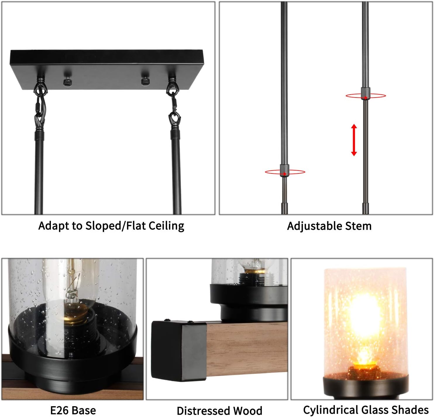 JHLBYL Farmhouse Chandeliers 3-Light Wooden and Metal Rustic Ceiling Light Fixture Modern Kitchen Island Pendant Lighting for Kitchen Dining Room Living Room Bedroom - - 