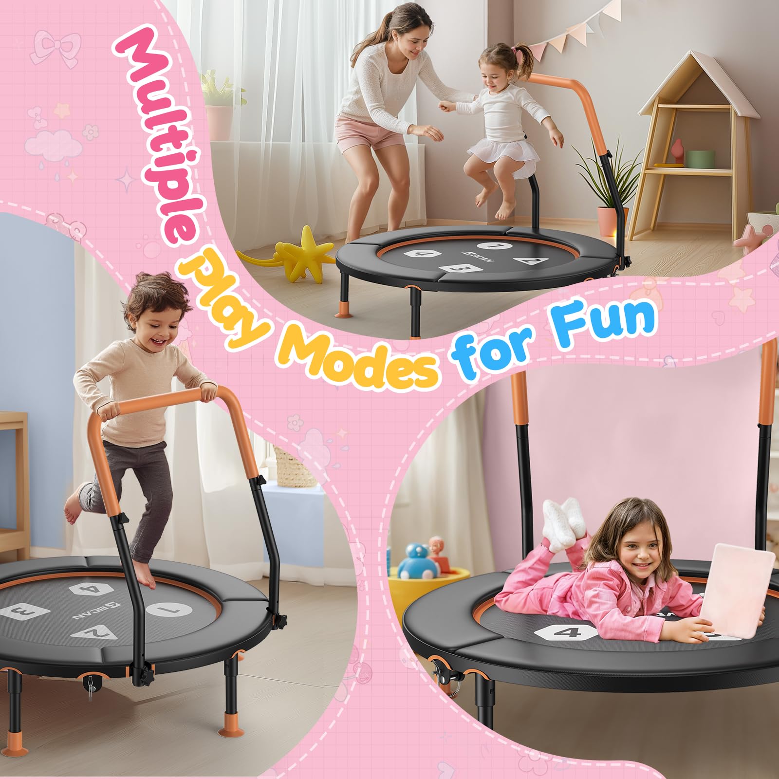 BCAN Trampolino per bambini da 91 cm, manico regolabile, imbottitura di sicurezza e gambe pieghevoli, trampolino per bambini per interni ed esterni, regalo per ragazzi e ragazze
