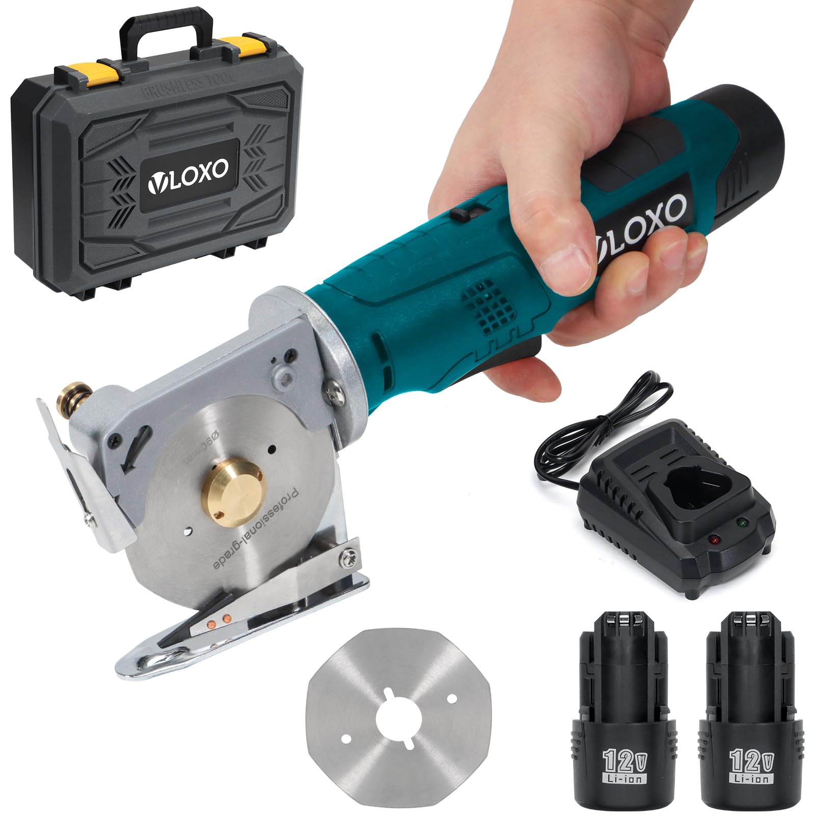 VLOXO Ciseaux Electrique Tissu Couture, Cutter Rotatif Rotary Cutter Sans Fil avec 90 mm Lame pour Textile/Tapis/Cuir/Papier