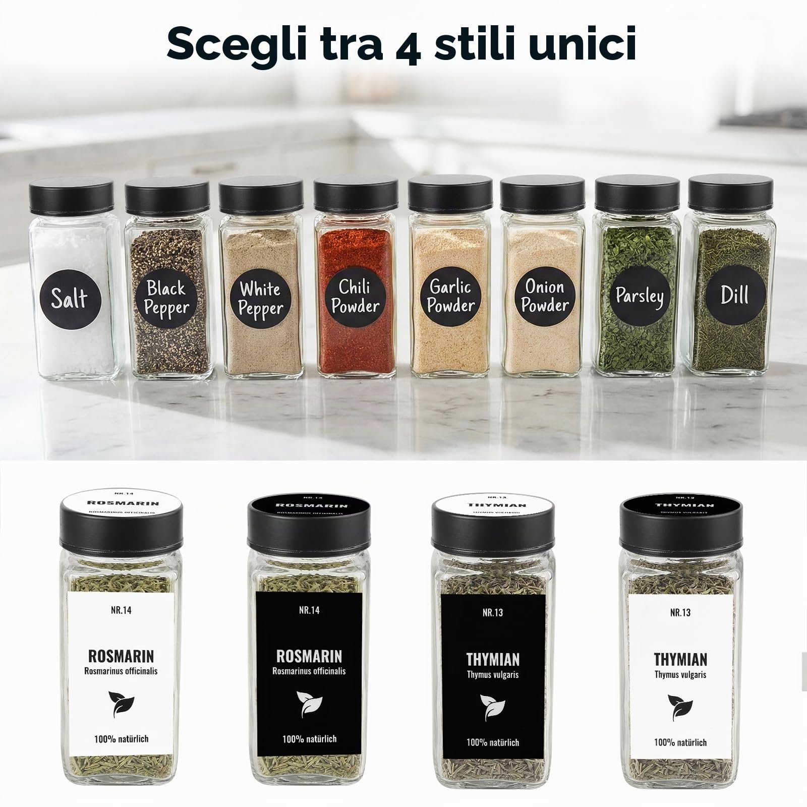 24pcs Barattoli Vetro per Spezie con Coperchio In Acciaio Inossidabile, 120ml Contenitori Spezie per Cucina, Kit per Condimenti con Etichette, Imbuto, Spazzola, Pennarello (Nero)