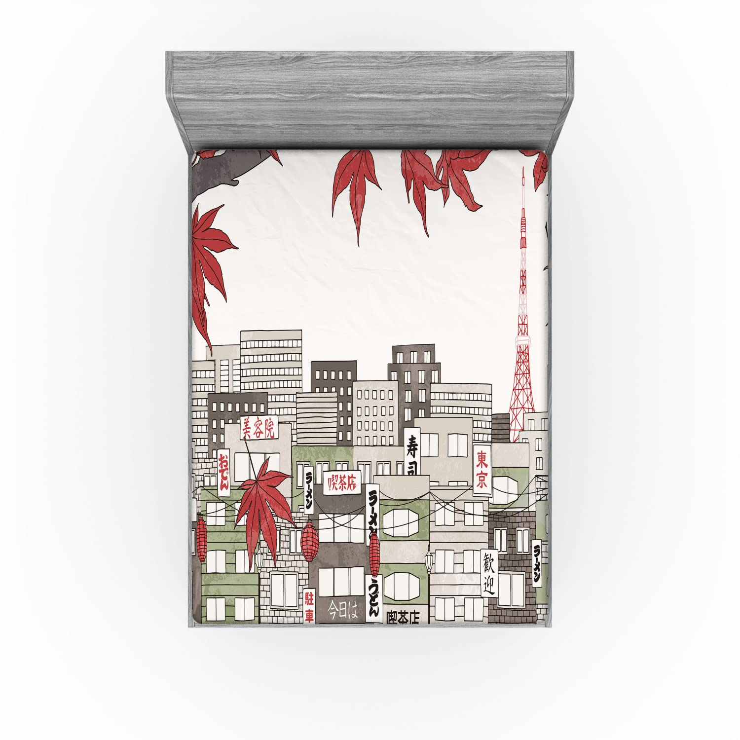 Ambesonne Tokyo 2 Pack Fitted Sheet, Japanese City Art Panorama, Bed Cover All-Round Elastic Deep Pockets 2 Pieces, Package Contains 2 Full Size Fitted Sheets, Coconut Red