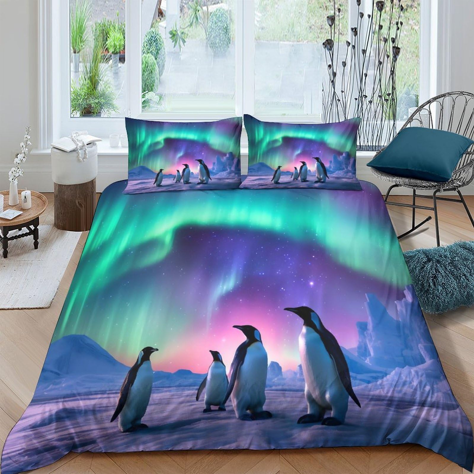 Ctjqhvkz Style-5 3D Printed Aurora Penguin Fitted Sheet Microfiber Soft Mattress Cover For Bedroom Dorm Decorative Mattress Protection Single（135X200cm）