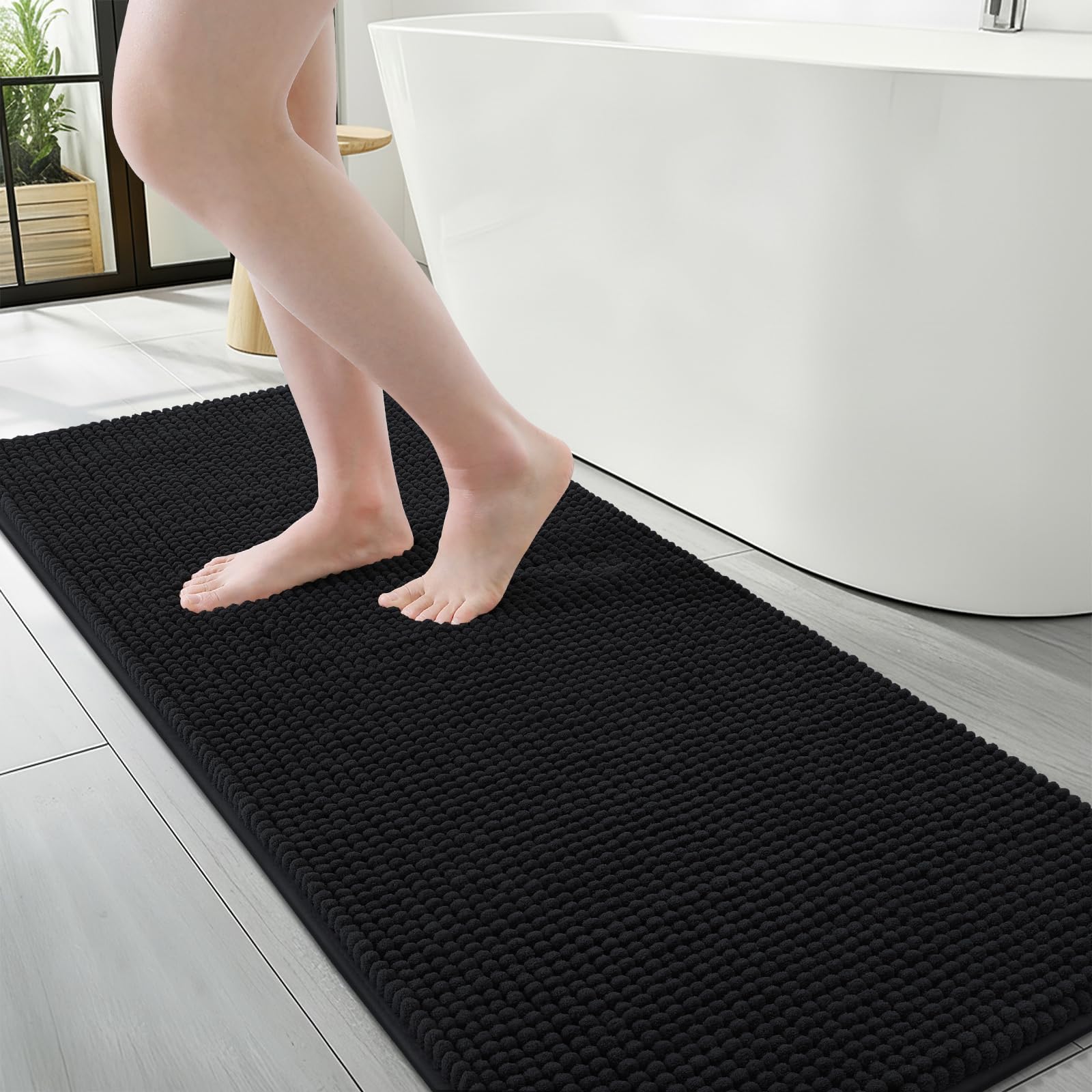 Homaxy Thick Soft Fluffy Bath Mat, Chenille Absorbent Bathroom Mat, Non Slip Bath Mats for Bathroom, Machine Washable Quick Drying Bath Rug, 43×120 cm, Black — image 1