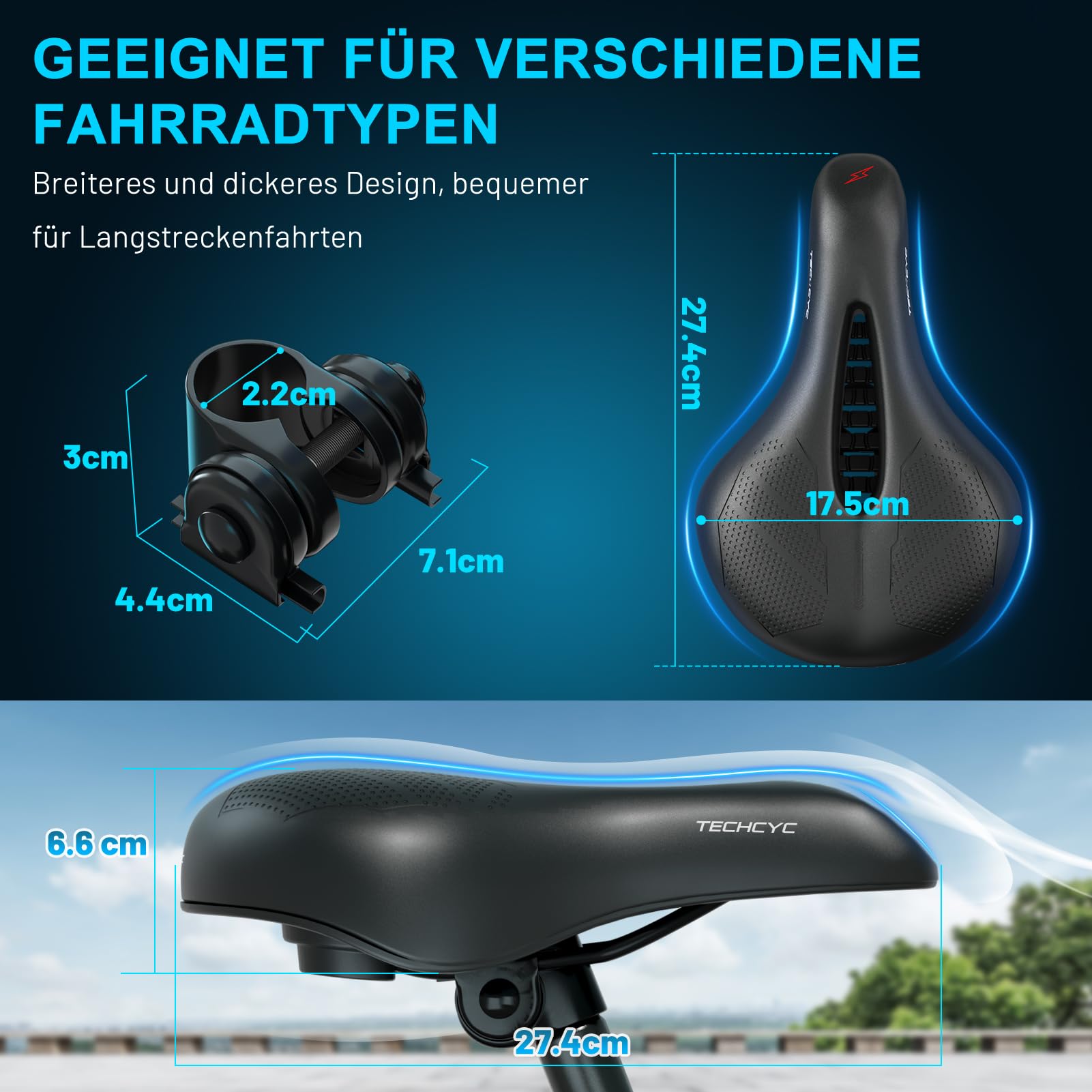 TECHCYC Fahrradsattel, Fahrradsitz Memory Schaum, Komfortabel Atmungsaktiv Stoßdämpfend, Ergonomischer Fahrrad Sattel für Herren & Damen mit Federung, in 3 Ausführungen wählbar