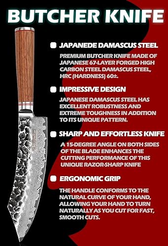 Miniatura 2 de YOUSUNLONG Cuchillo de carnicero japonés VG10 de 8 pulgadas de acero de damasco martillado con mango de madera de nogal natural
