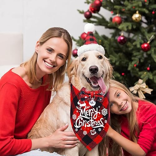 Miniatura 6 de 4 bandanas de Navidad para perro, traje de Navidad para perro, bandana a cuadros para perro, pajarita para mascotas con campana, sombrero de Navidad