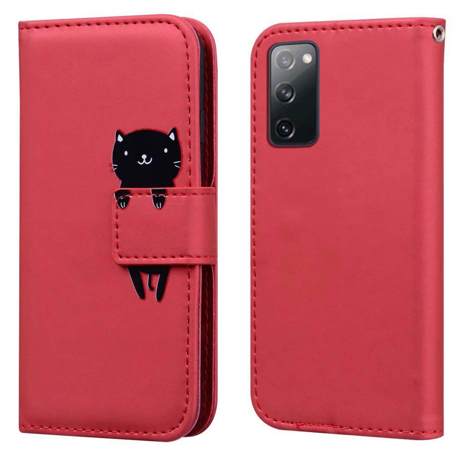 Ailisi Cover per Galaxy S20 FE 5G, Red Flip Cover Cartoon Cute Cat Custodia Protettiva Caso Libro in Pelle PU con Portafoglio, Funzione Supporto - Gatto, Rosso Scuro