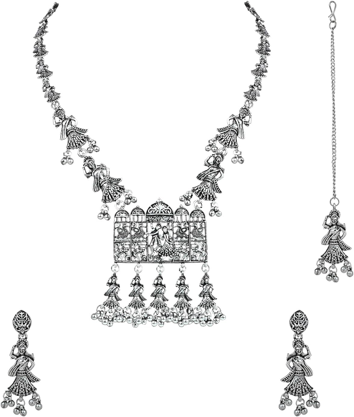 Silver Oxidised Design Long Necklace Jewellery Set For Women