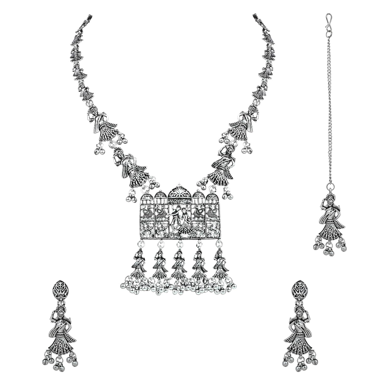 I Jewels Silver Oxidised Design Long Necklace Jewellery Set For Women