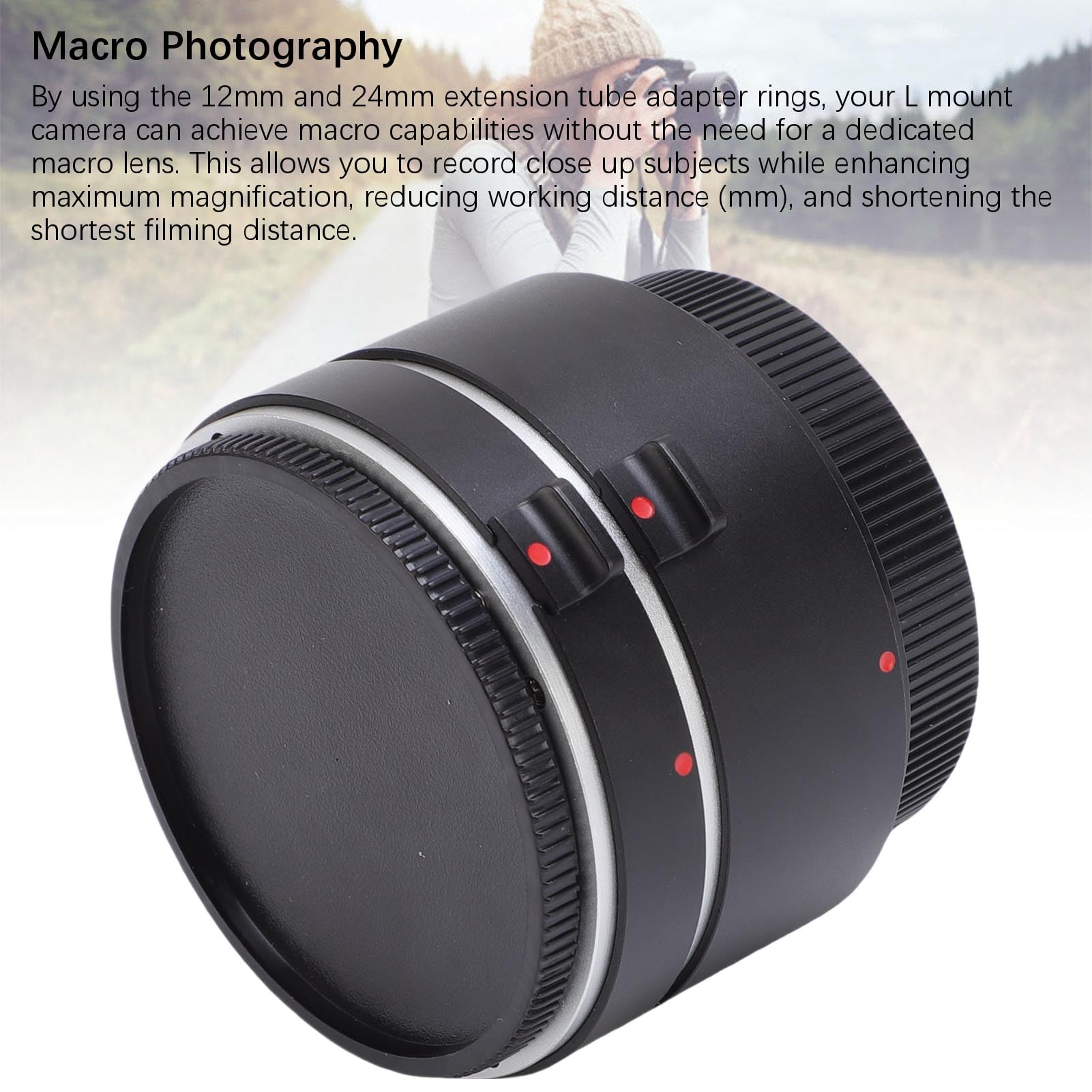 aqxreight Juego de Adaptadores de Tubo de Extensión Macro para Cámaras con Montura L Kit Automático de AF Electrónico de Metal de 12 Mm y 24 Mm Mejora la Fotografía para la Serie T SL CL TL TL2 SL2
