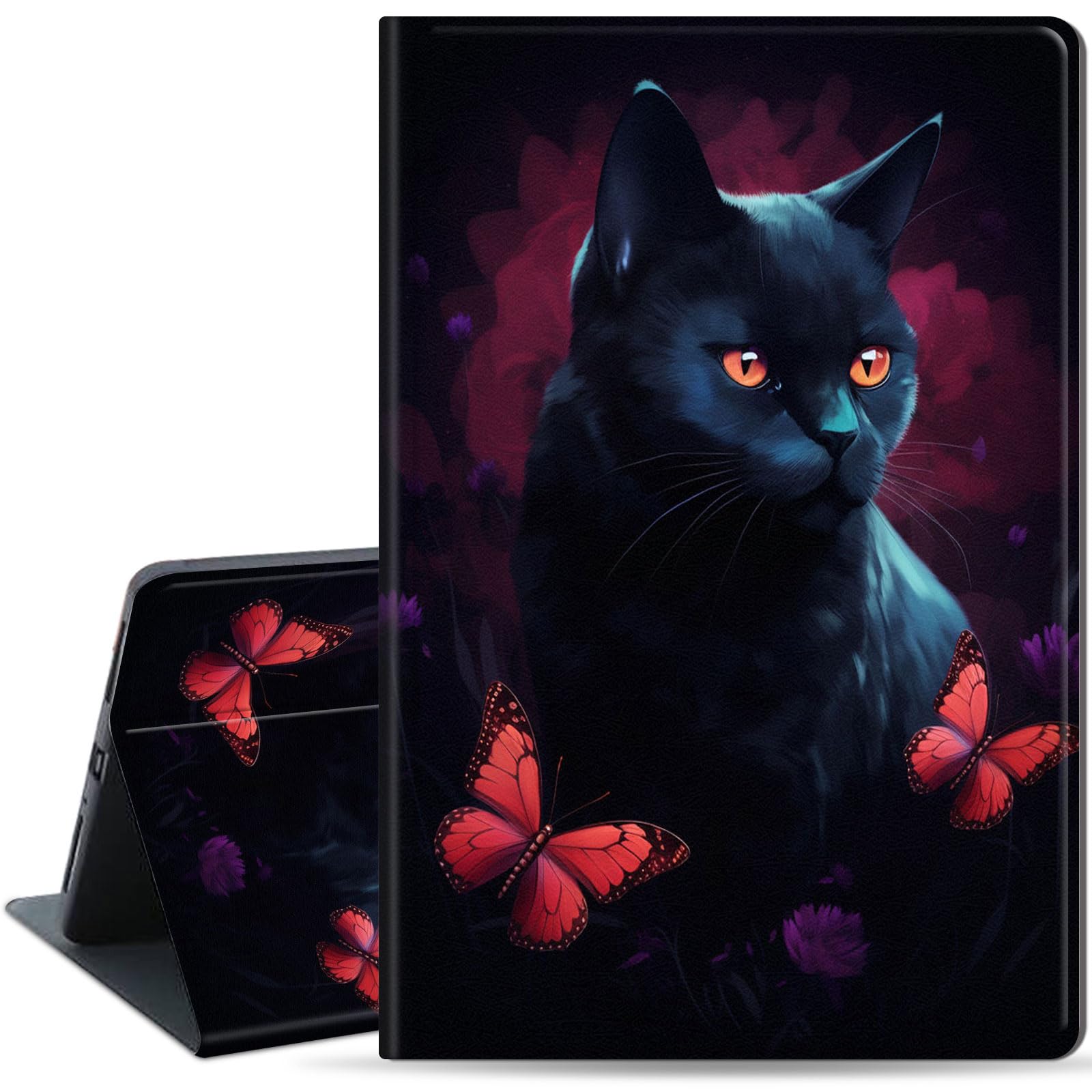 Case for Amazon Kindle Fire HD 8 & 8 Plus Tablet (12th Generation/10th Generation, 2024/2022/2020 Release) 8", PU Leather Slim Folio Stand Cover with Auto Wake/Sleep, Black Cat 02