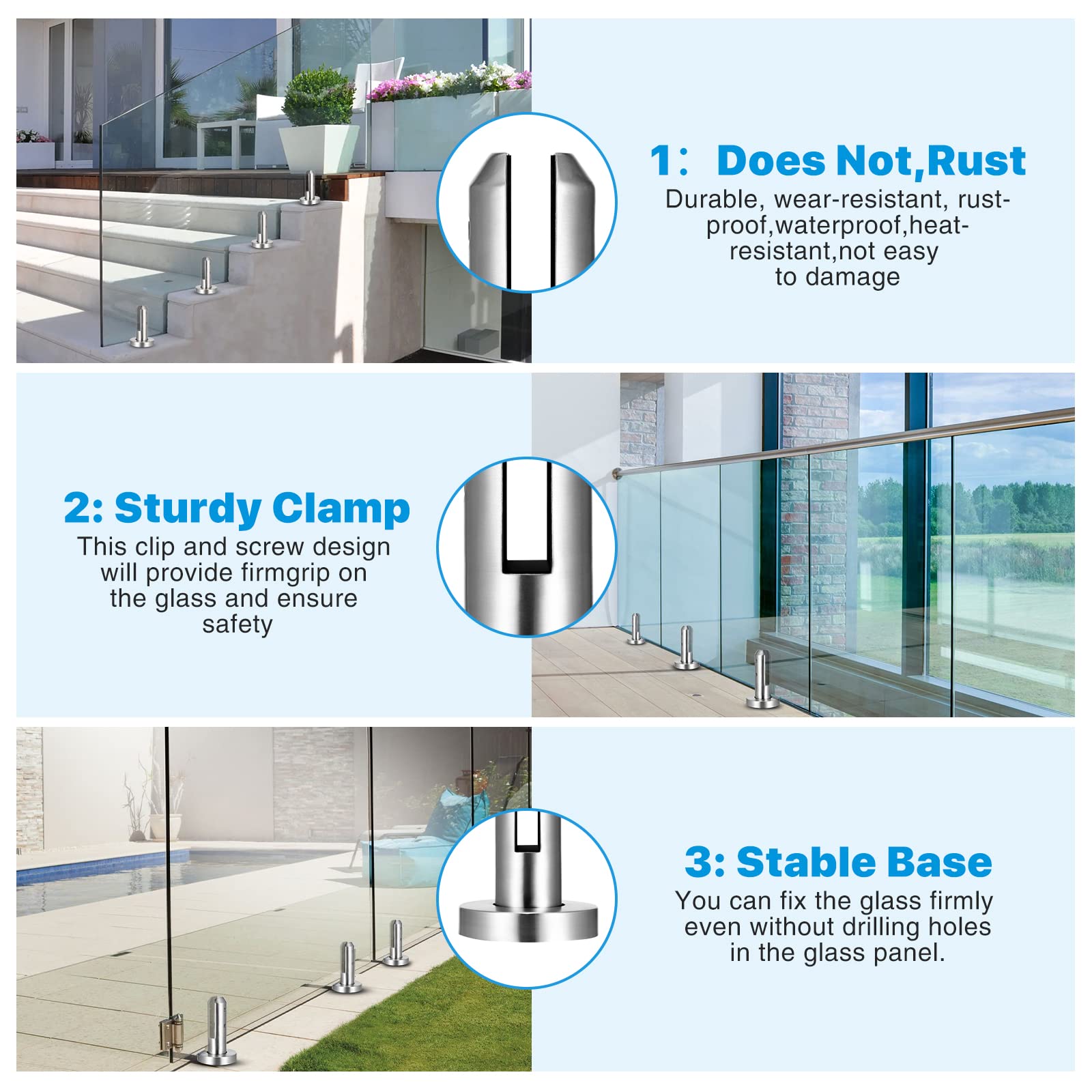Morsetto in Vetro, Supporto in Vetro Inox 304, 8-12mm Staffa in Vetro Regolabile, Morsetto per Vetro in Acciaio Inox, Ringhiera per Piscina Vetro Per Ringhiera Balaustra Per Balcone Piscina