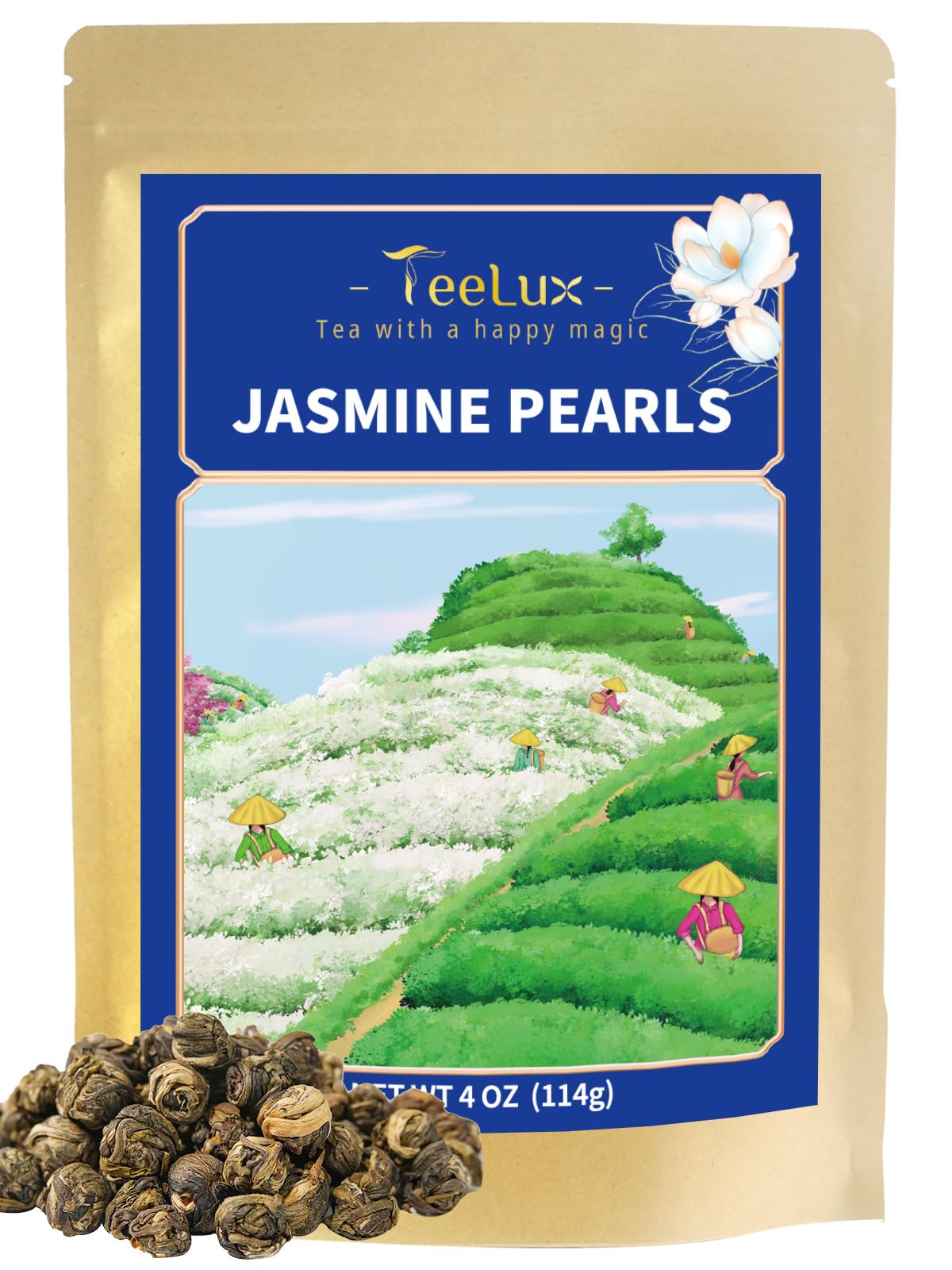 TeeLux Jasmine Pearls Green Tea, Handrolled Green Tea Loose Leaf with Delightful Aroma, Natural Jasmine Pearl Tea, 4 Ounce