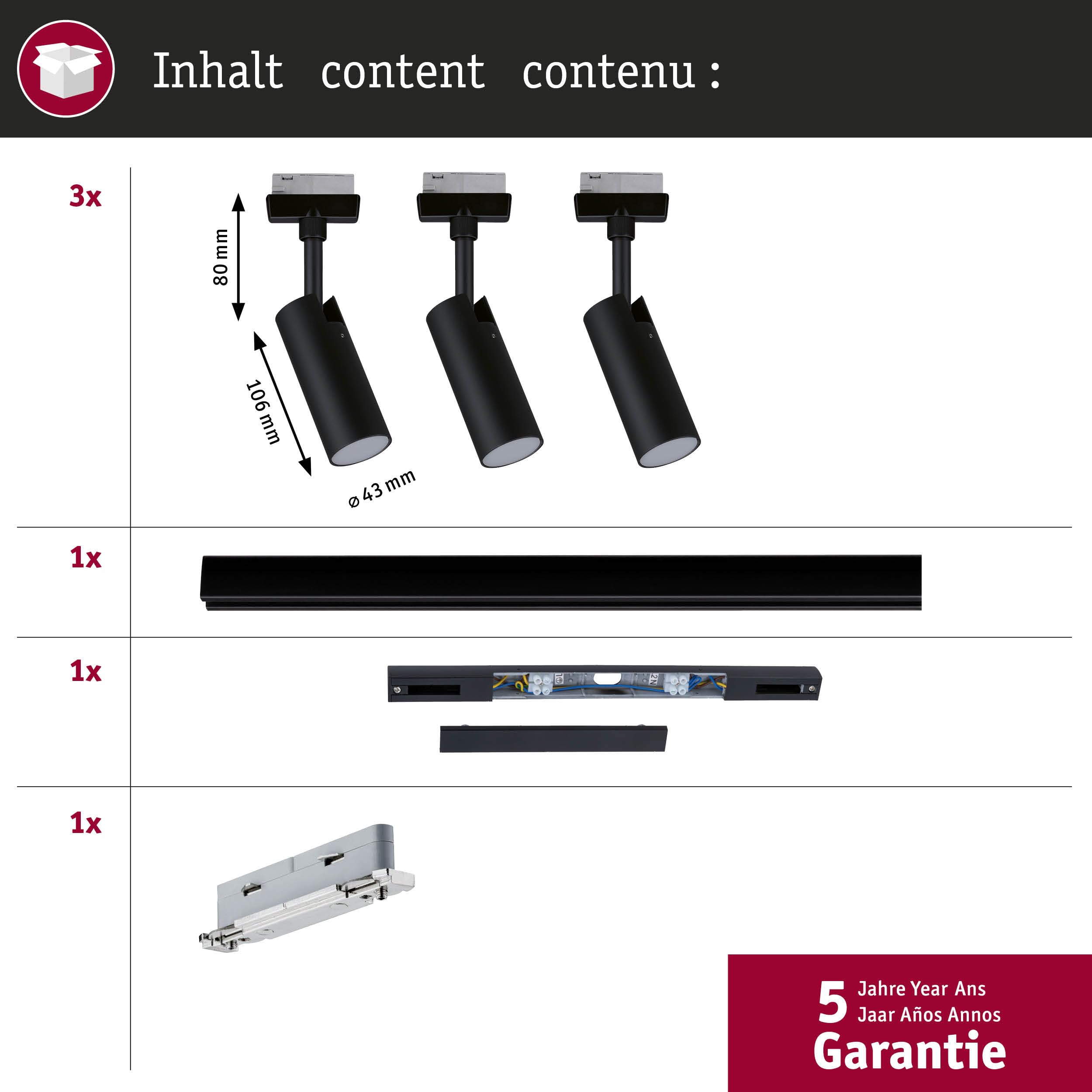 Paulmann 5227 URail LED Schienenspot Tubo Starterset 3x166lm 3x4,5W 3000K 230V Schwarz matt