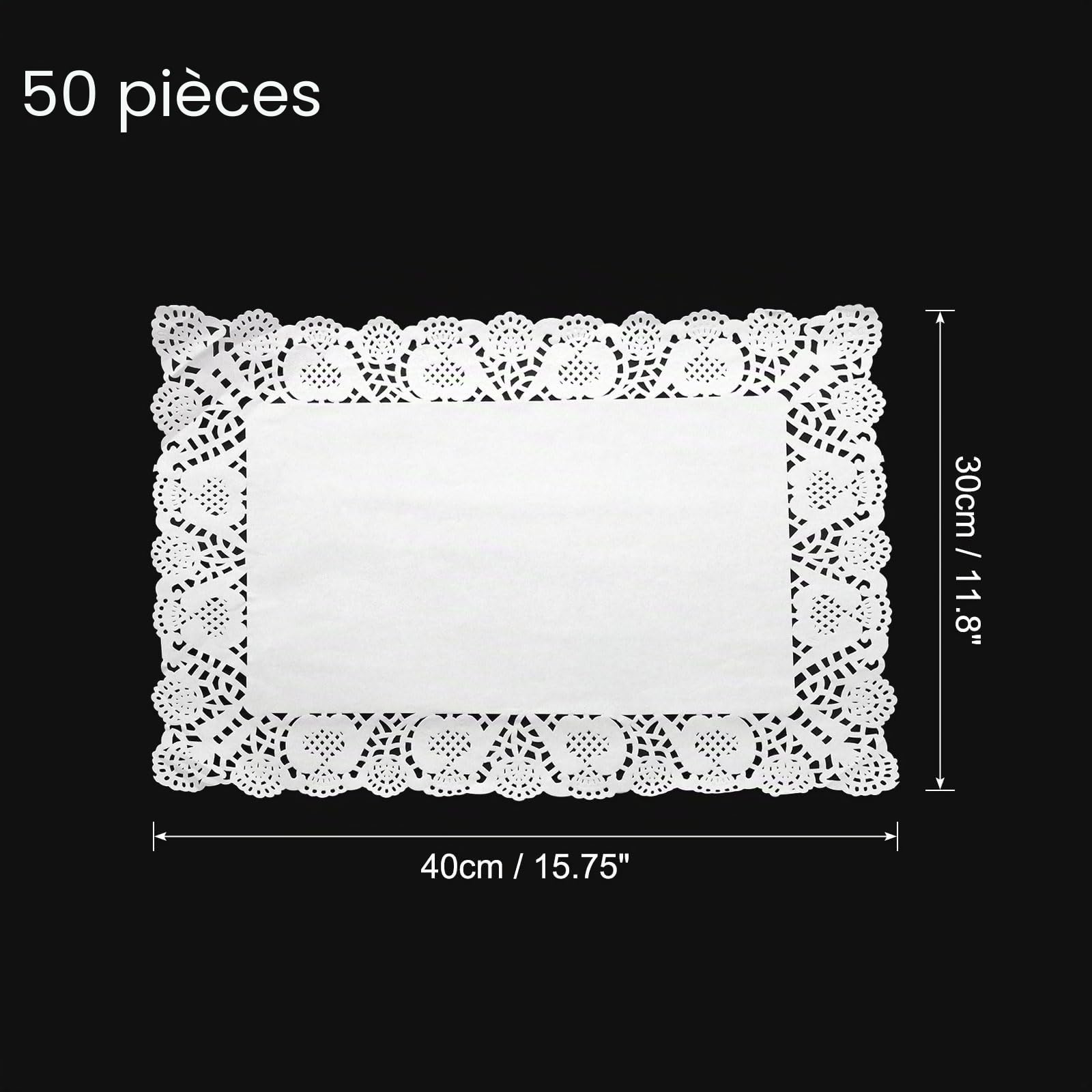 Sourcing Map Lot de 50 napperons rectangulaires jetables en papier dentelle blanche 30,5 x 40,6 cm pour mariage, anniversaire, gâteaux, desserts