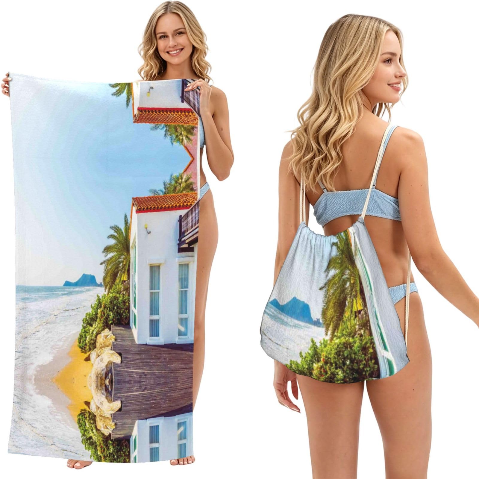 SATUSA Beach Print 2-In-1 Foldable Beach Towel Backpack â€“ Camping, Yoga And Travel,Bath Towel With Built-In Storage, Convertible Beach Mat & Carry Bag