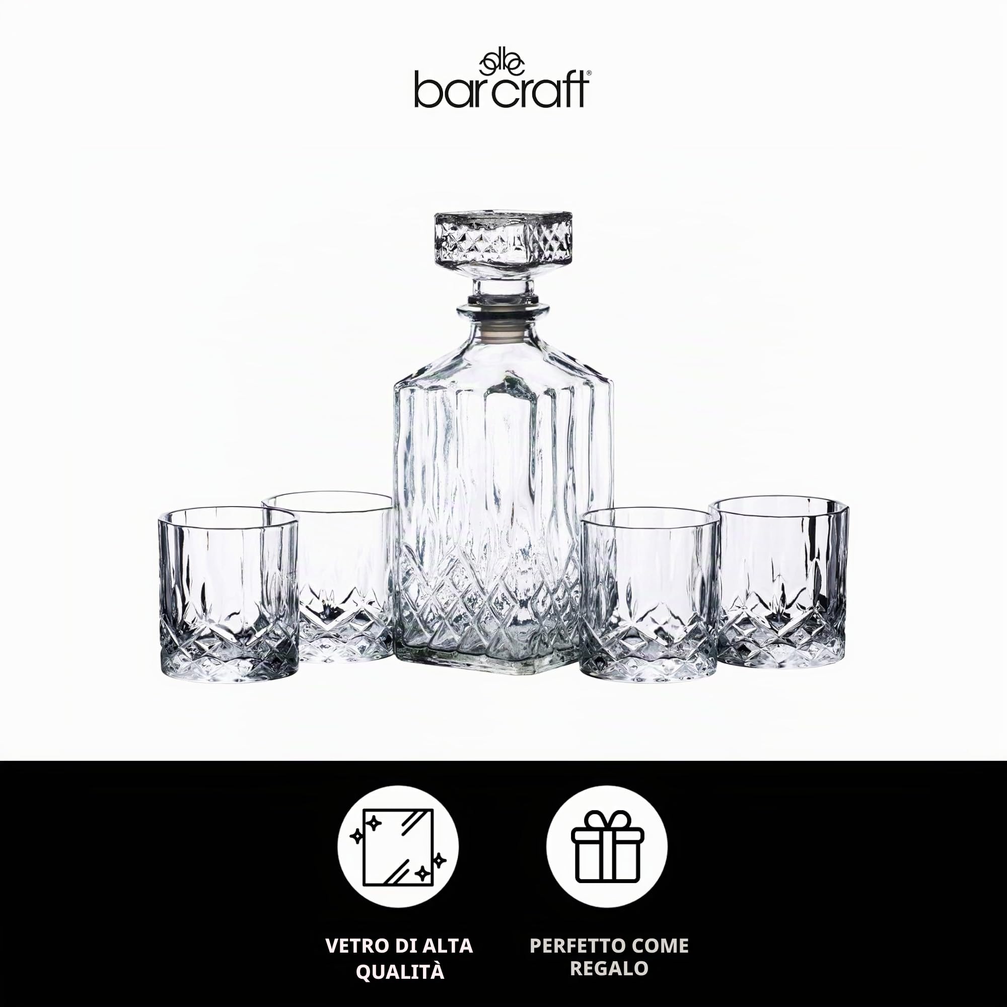 BarCraft Decanter per Whisky 900ml e set da Regalo, in Vetro Tagliato, 5 Pezzi, con Tappo in Silicone e 4x Bicchieri, 26 x 10 x 24cm