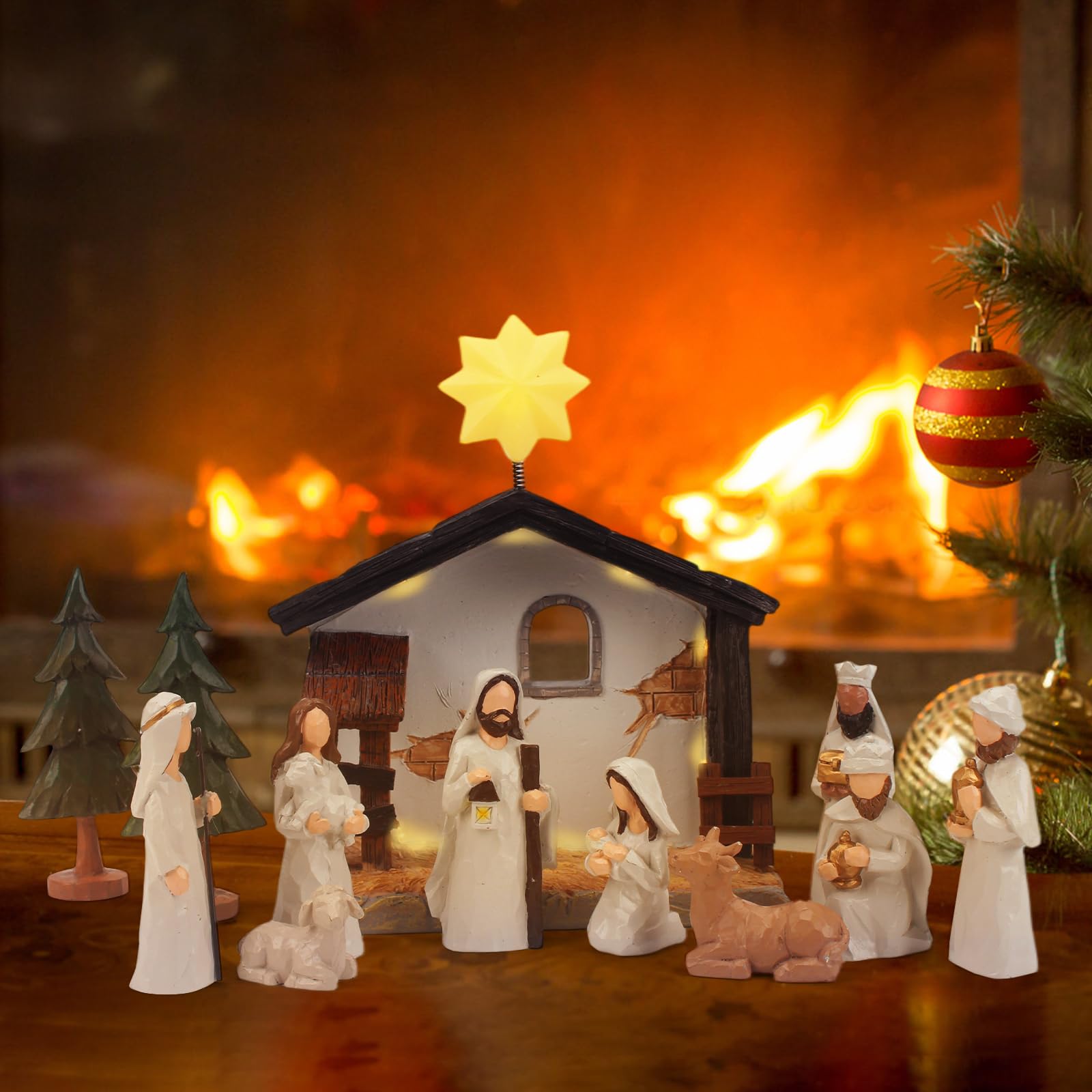Top-spring Krippenfiguren Set, Weihnachtskrippe mit Beleuchtung, Krippe Weihnachten Komplettset, Krippenfiguren klein, Krippenstall, Weihnachtskrippen Indoor, Nativity Scene (13er Set)