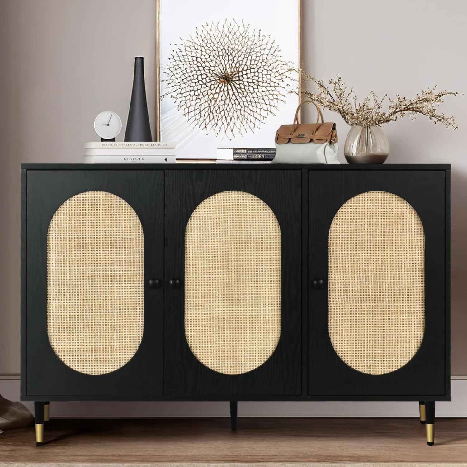 Black Rattan Buffet Cabinet, Rattan 3 Doors Buffet Cabinet with Storage, 47'' Sideboard with Adjustable Shelf for Kitchen, Living Room