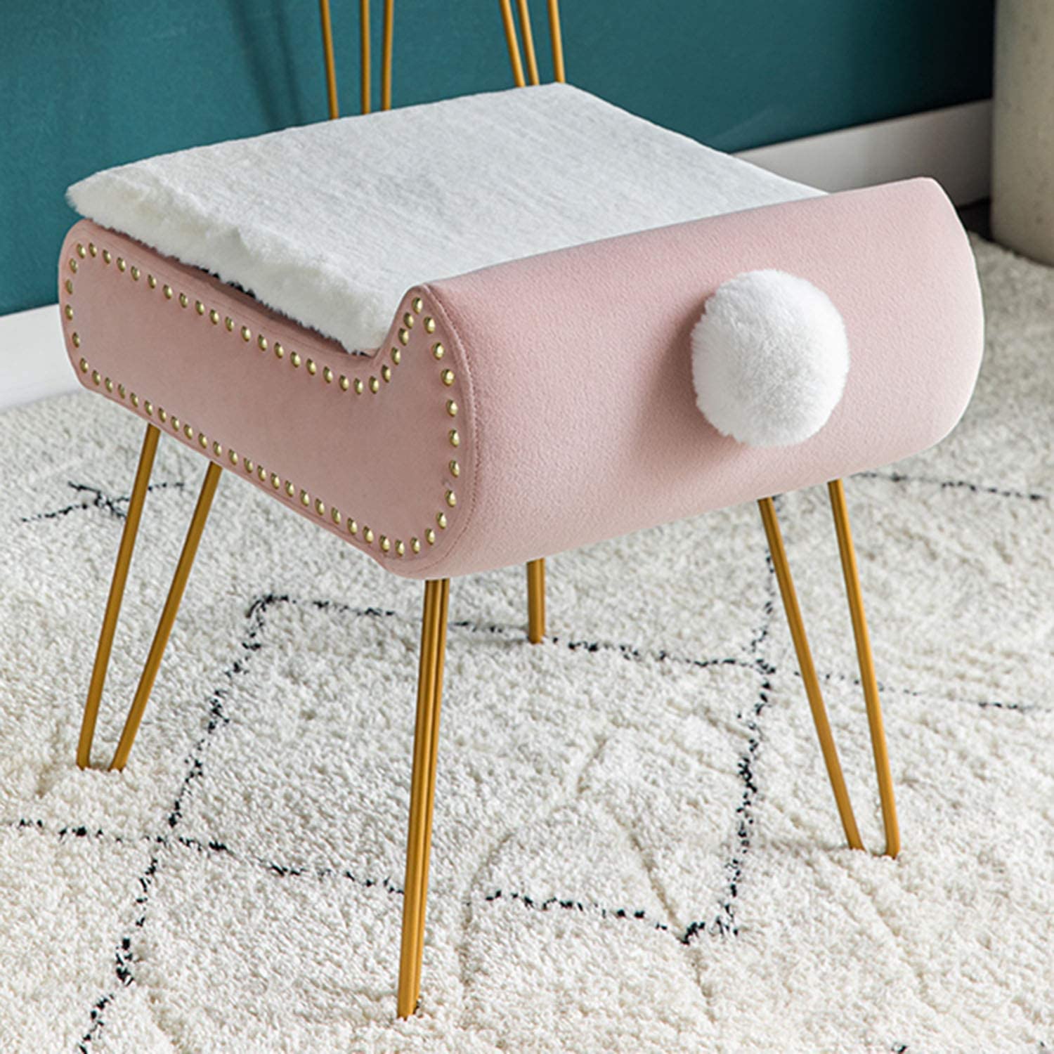 Taburete de tocador de terciopelo de pelo suave con elegantes patas metálicas