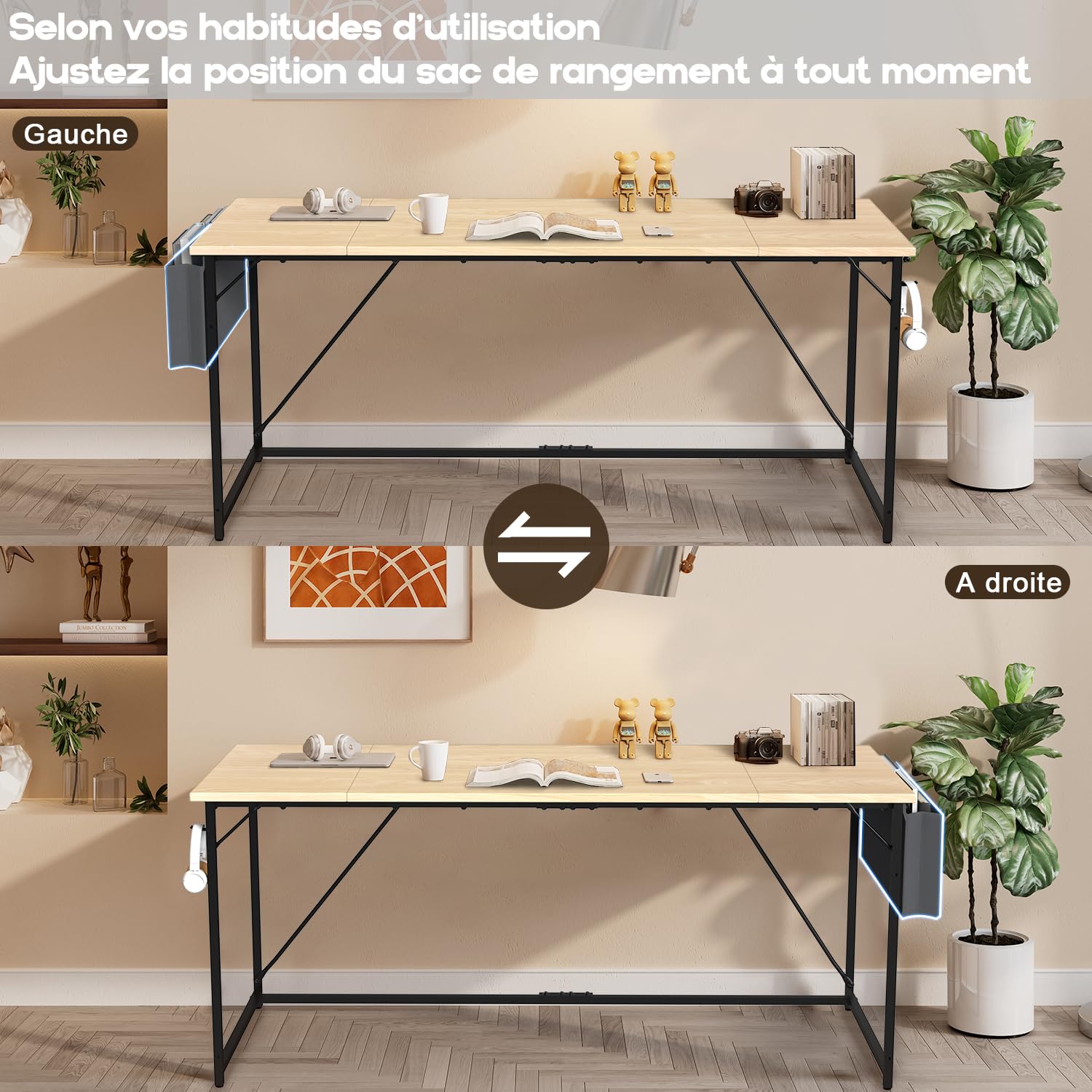 Devoko Scrivania per Computer, Scrivania PC da Ufficio, Scrivania salvaspazio per Studio, Scrivania da Lavoro con Borsa Portaoggetti e Gancio para, Struttura in Metallo 140 x 50 x 75 cm, Beige