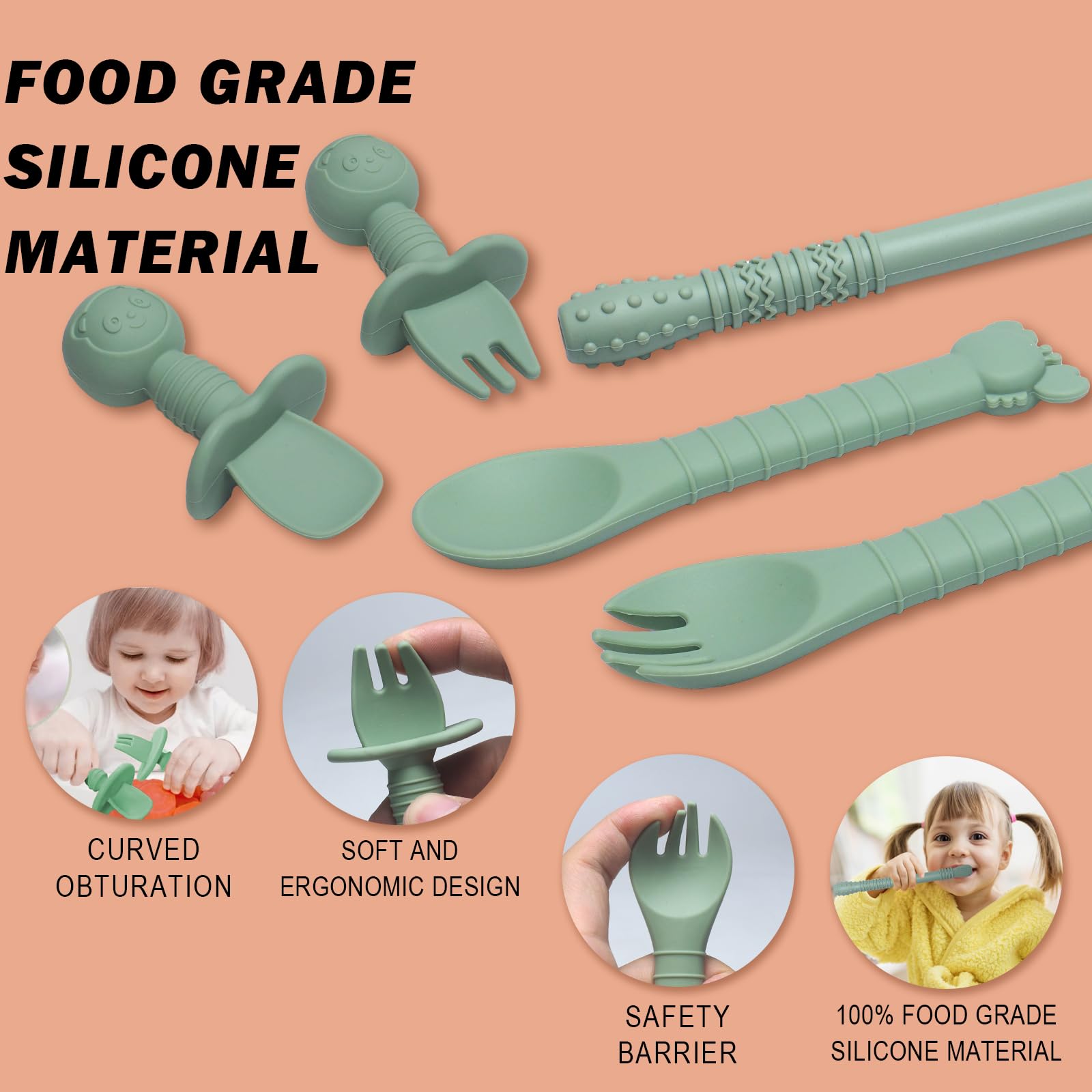 Coffret Repas Bebe, 10 Pièces Assiette bebe Set Vaisselle Antiderapant Silicone avec Ventouse Assiette Bol Fourche Cuillère Bavoir, Enfant Set Couverts Vaisselle Pour Sevrage Manger, Vert