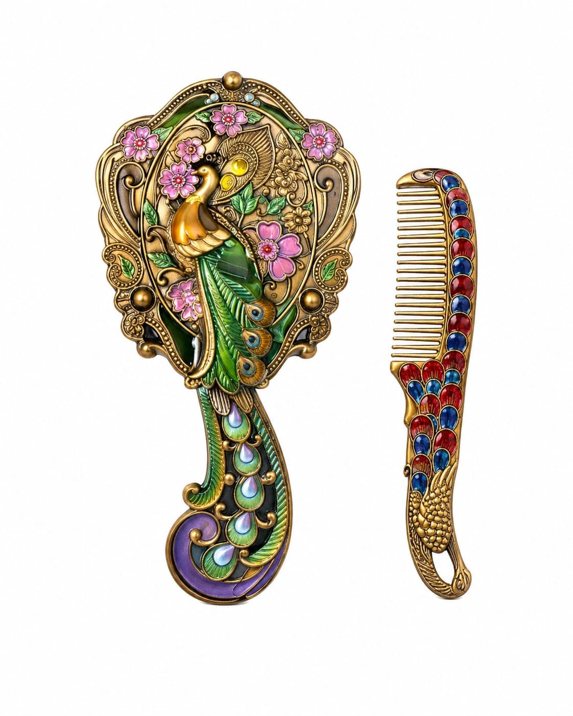 Vintage Peacock Hand Mirror & Comb Set for Women, Decorative Dressing Table Vanity Gift Set-image-34