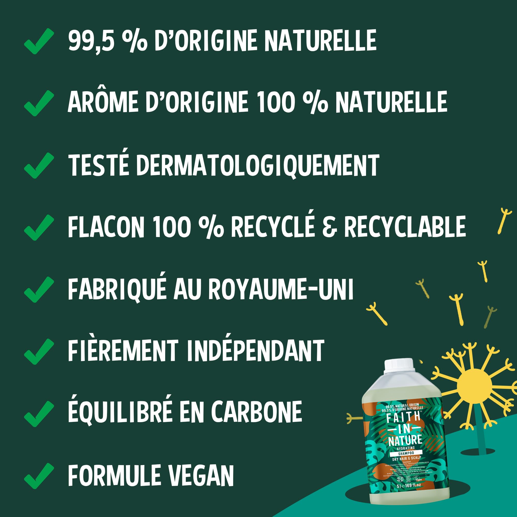 Faith In Nature Shampooing Bio à la Noix de Coco, Hydratant pour Cheveux et Cuir Chevelu Secs, Végan et Non Testé sur les Animaux, Sans SLS, Silicones ni Parabènes, Recharge 5 L