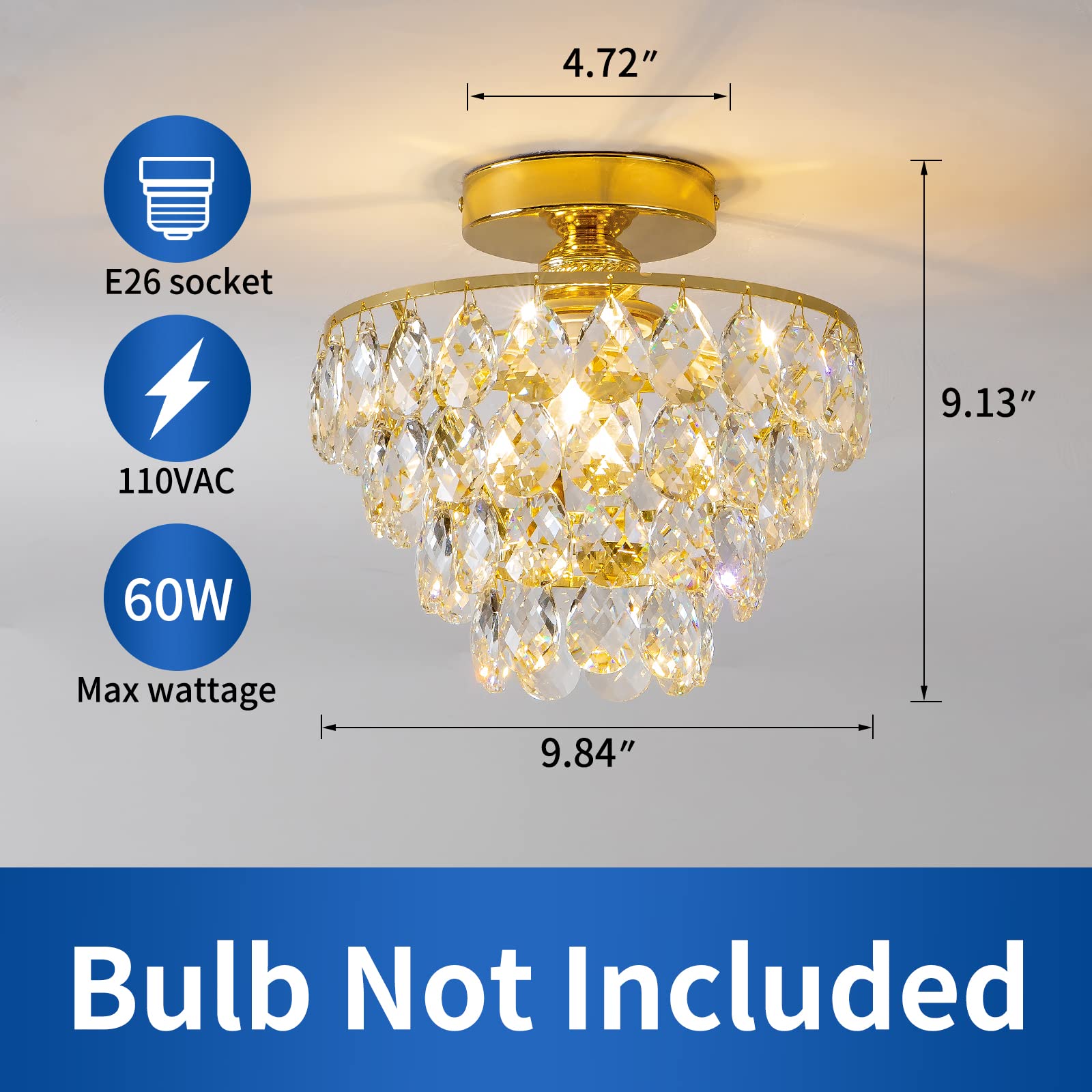 Modern Gold Crystal Chandeliers, Mini Flush Mount Ceiling Light Fixture, Close to Ceiling Lamp Fixture for Hallway Bedroom Bathroom Closet Kitchen Foyer