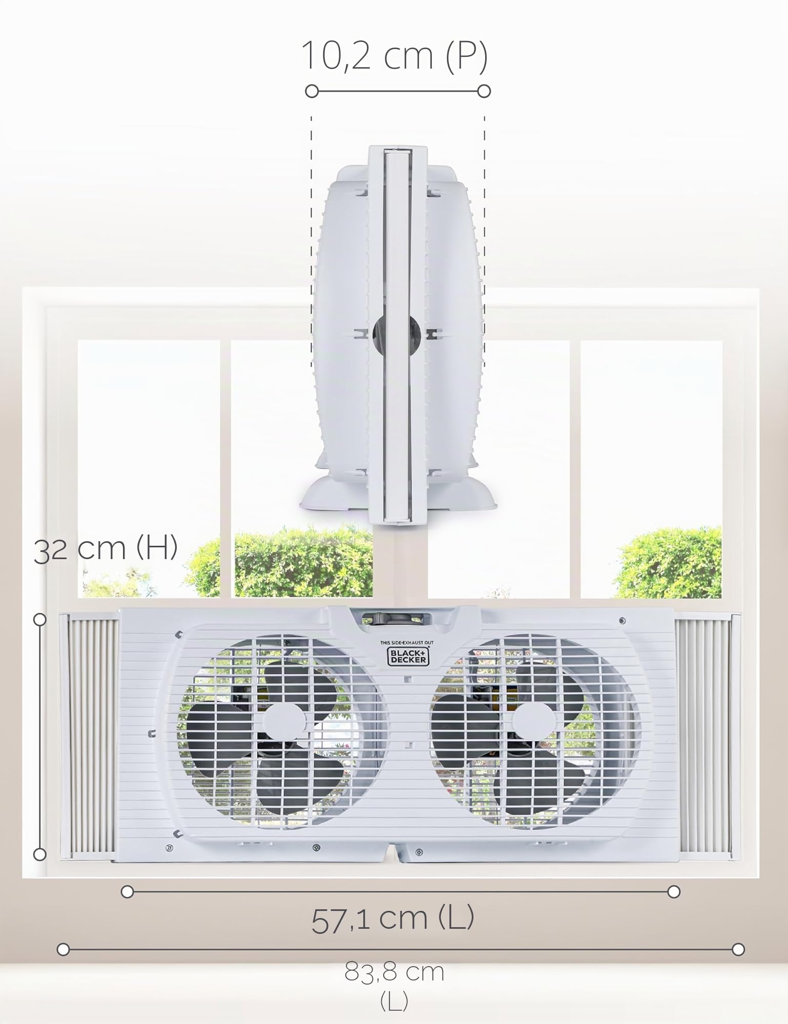 BLACK+DECKER Ventilateur de fenêtre double de 22,9 cm pour écran de fenêtre avec 2 réglages de vitesse, double ventilateur de fenêtre avec commandes mécaniques et pieds amovibles, ventilateur de