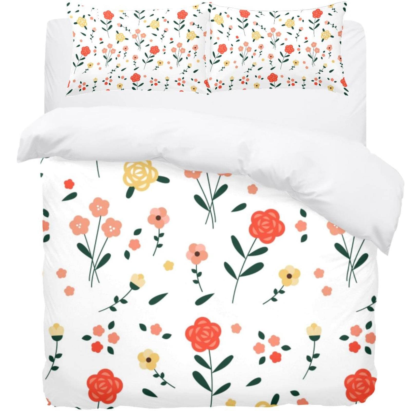 Housse de couette motif floral blanc parure de lit simple 3 pièces avec 2 taies d'oreiller
