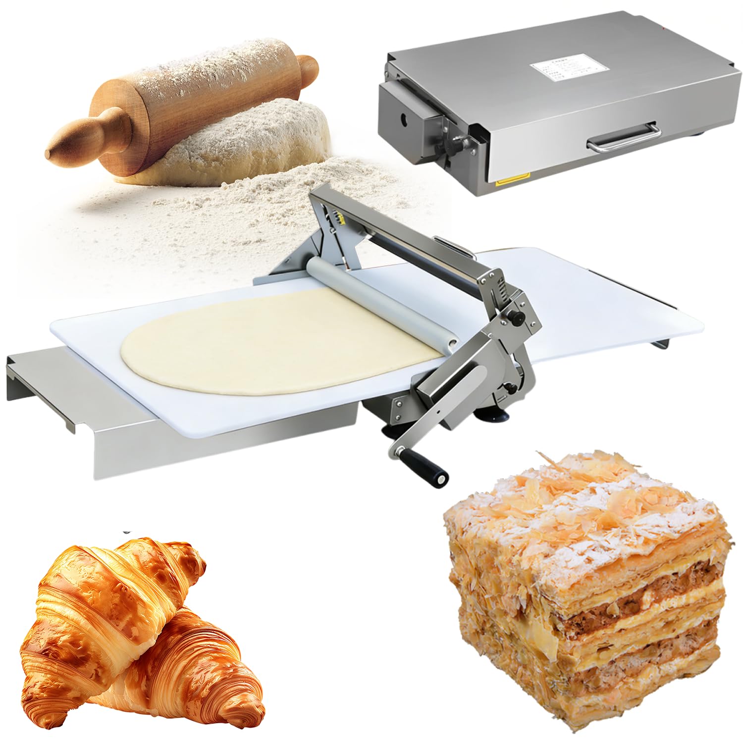 Manuelle Teigausrollmaschine mit Handkurbel aus Edelstahl 304, Faltbare Tischausrollmaschine mit 2–25 mm Einstellbarer Dicke für Croissants, Pastateig & Pizza Small