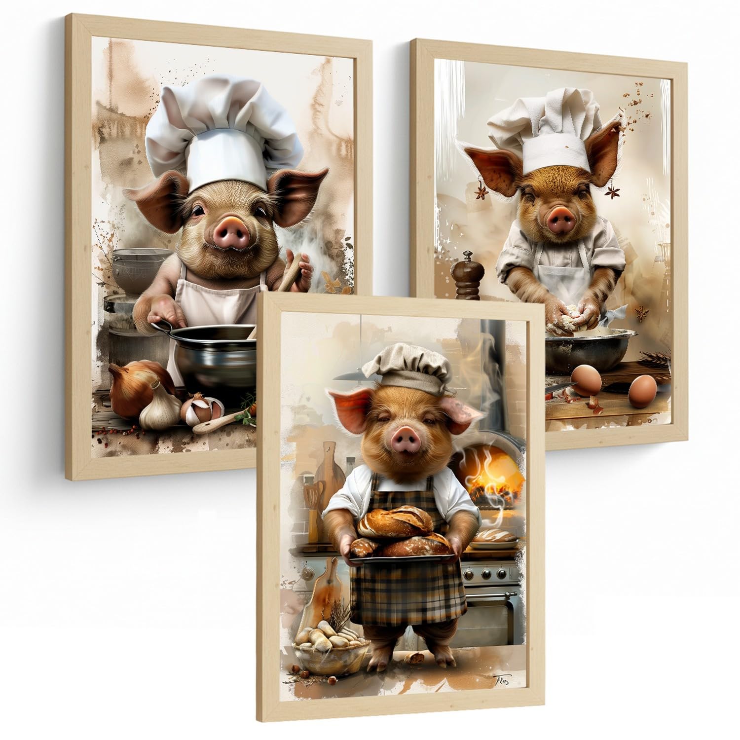 Nacnic Lot De 3 Affiches Cochon Boulanger Tableaux Animal Chef Pétrit Pain Illustration Déco Cuisine Murale A3 Cadre En Bois Léger