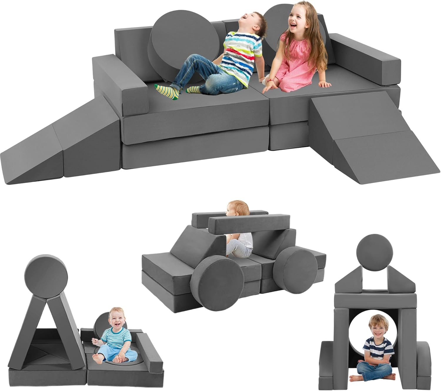 toddler couch kids sofa modular - 18pcs children couches building fort, convertible foam playing cushion creative playroom floor furniture for baby 1-3 to teen sofa and play set grey