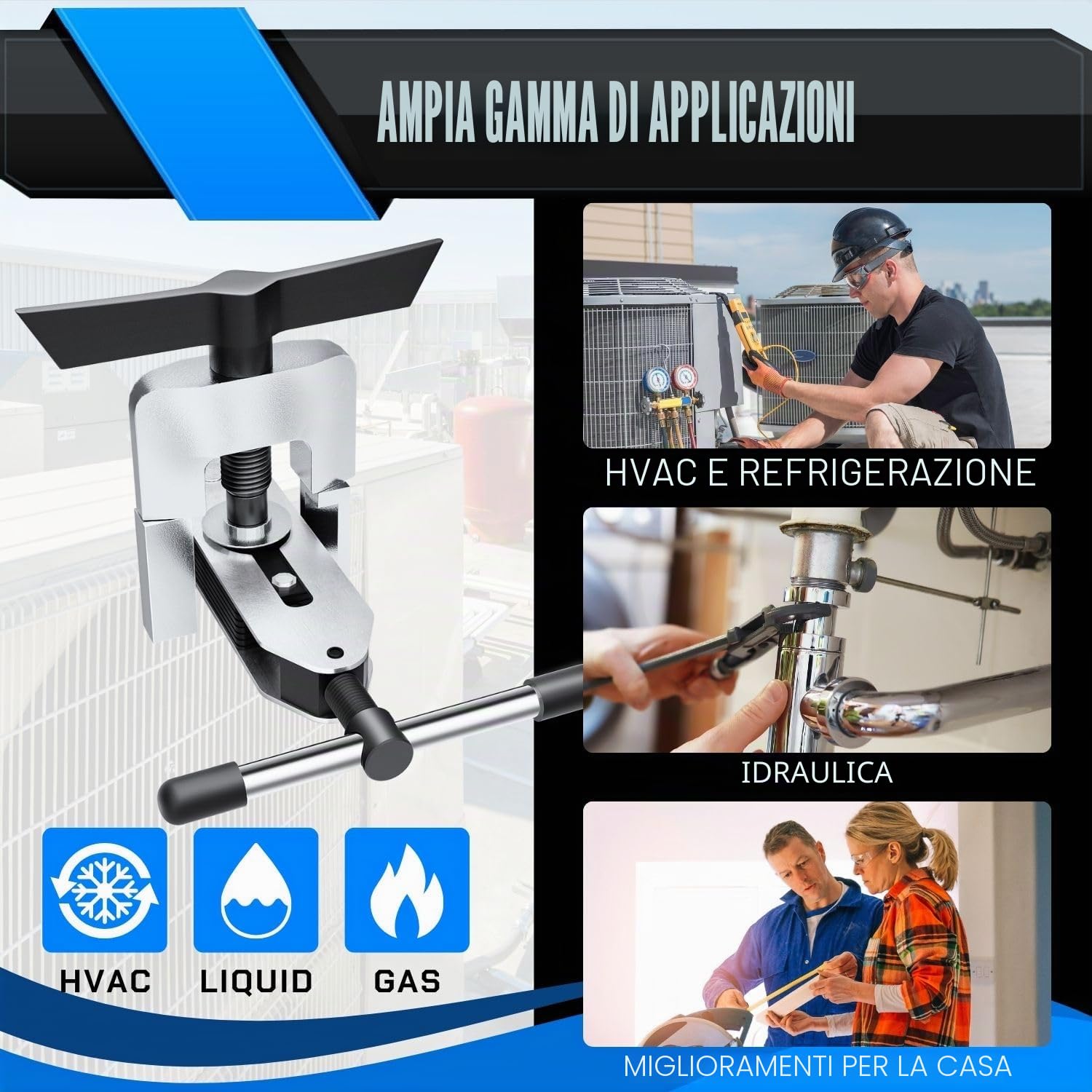 Flexzion Kit HVAC per svasatura eccentrico per tubi e tubazioni da 3/16-5/8", kit di strumenti per svasatura in ottone alluminio rame con cono ad angolo SAE a 45 gradi per l'applicazione della linea