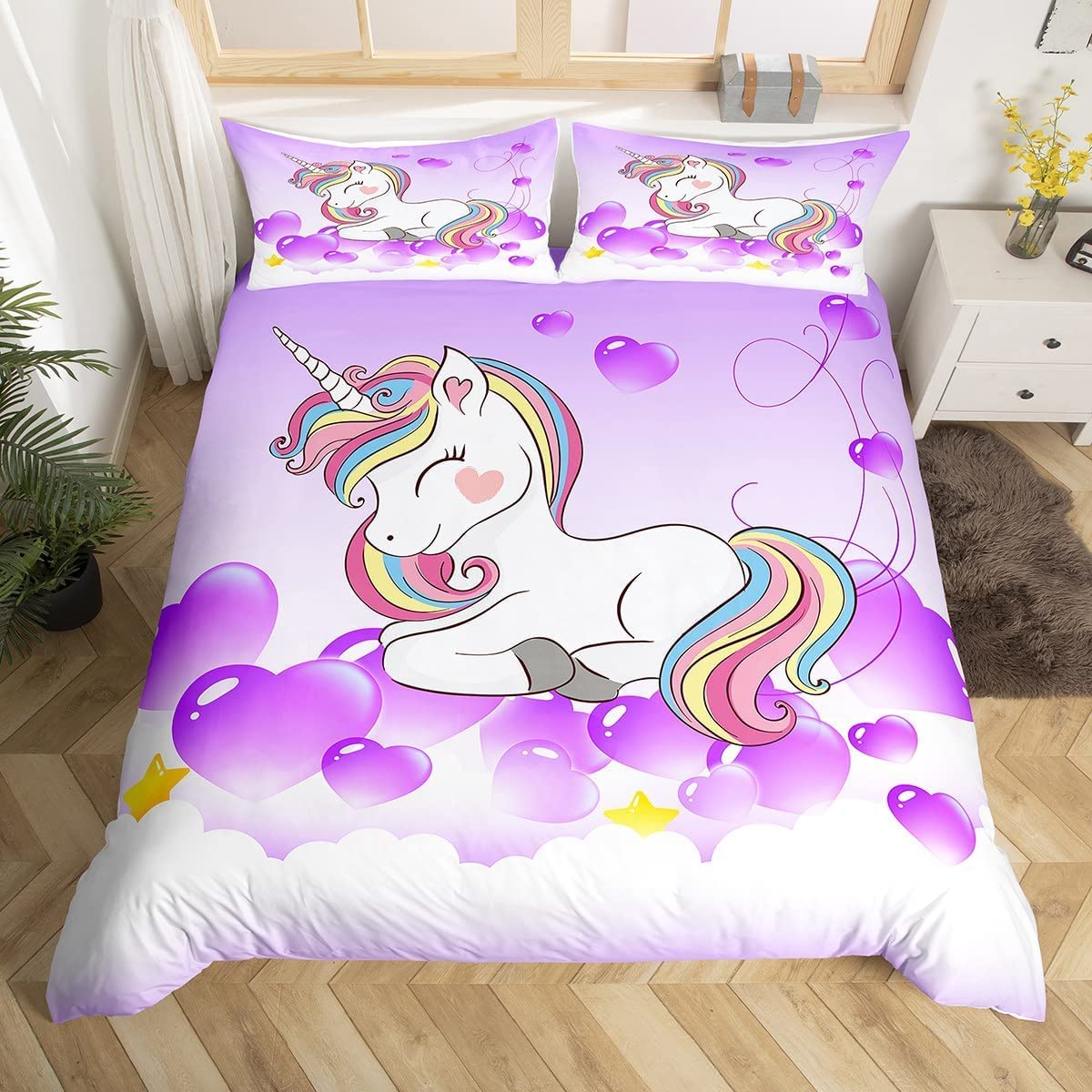 Loussiesd Girls Bedding Set Unicorn Kids King Bedding Animals Printed Duvet Cover Set For Bed Women Magical Unicorn Love Bedding Set Purple Dreamy Heart Purple Room 3pcs, Zipper