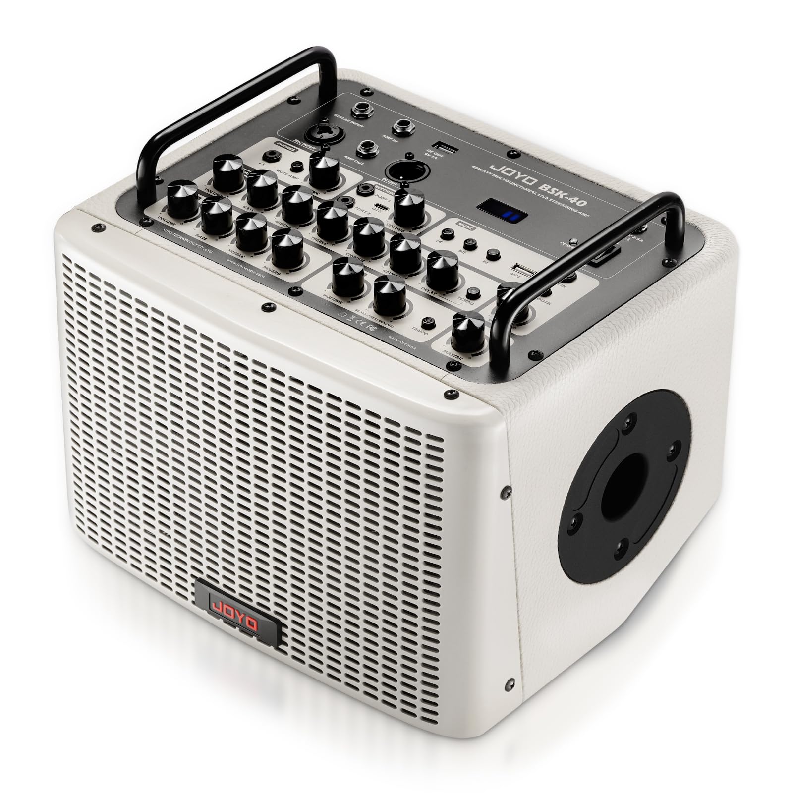 JOYO 40W Portable Acoustic Guitar Amp with Effect Rechargeable Bluetooth Combo Amplifier, Guitar &amp; Mic Channel 20 Drum Pattern, XLR DI Out, USB-C Recording &amp; Live Streaming for Phone (BSK-40 White)