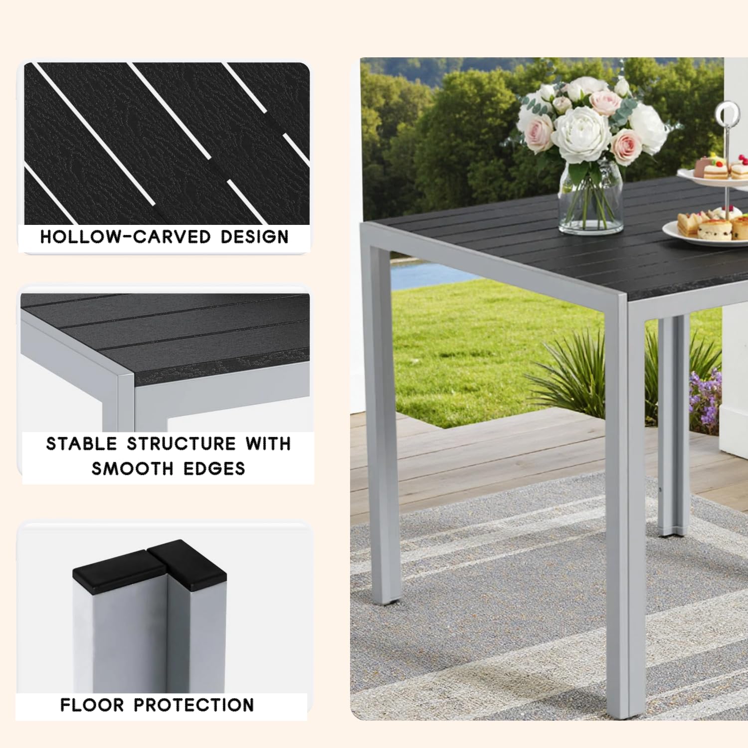 Clevich Gartentisch Wetterfeste, 75x75cm, Outdoor-Esstisch, WPC-Balkontisch, Aluminiumrahmen, Wetterfeste Gartenmöbel, quadratischer Terrassentisch, Silber Grau